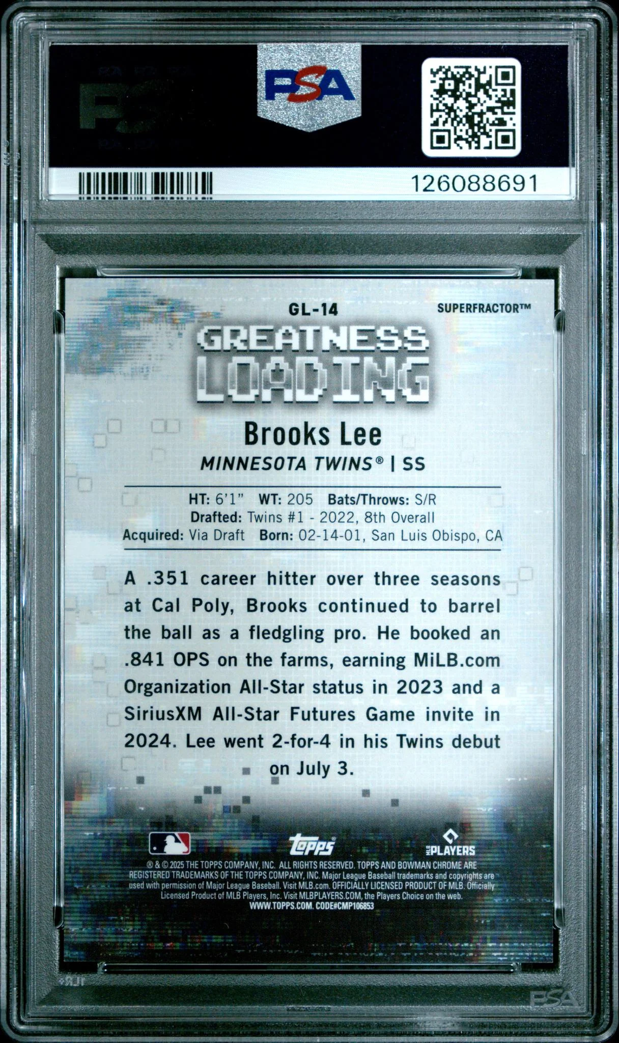 2025 Bowman Greatness Loading Superfractor 1/1 Brooks Lee #GL14 PSA 9 - Image 2
