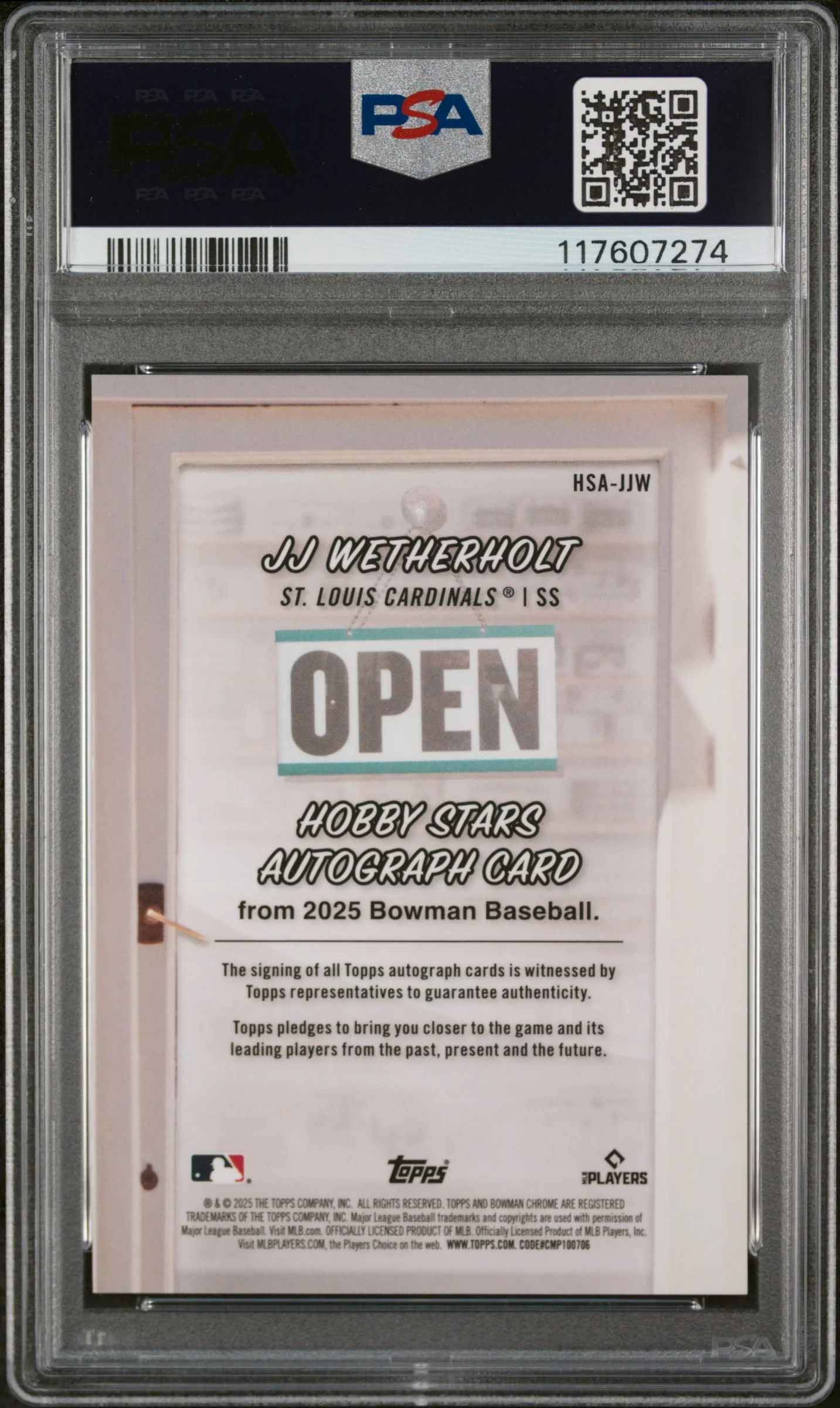 2025 Bowman #HSAJJW JJ Wetherholt Hobby Stars /25 PSA 10 - Image 2