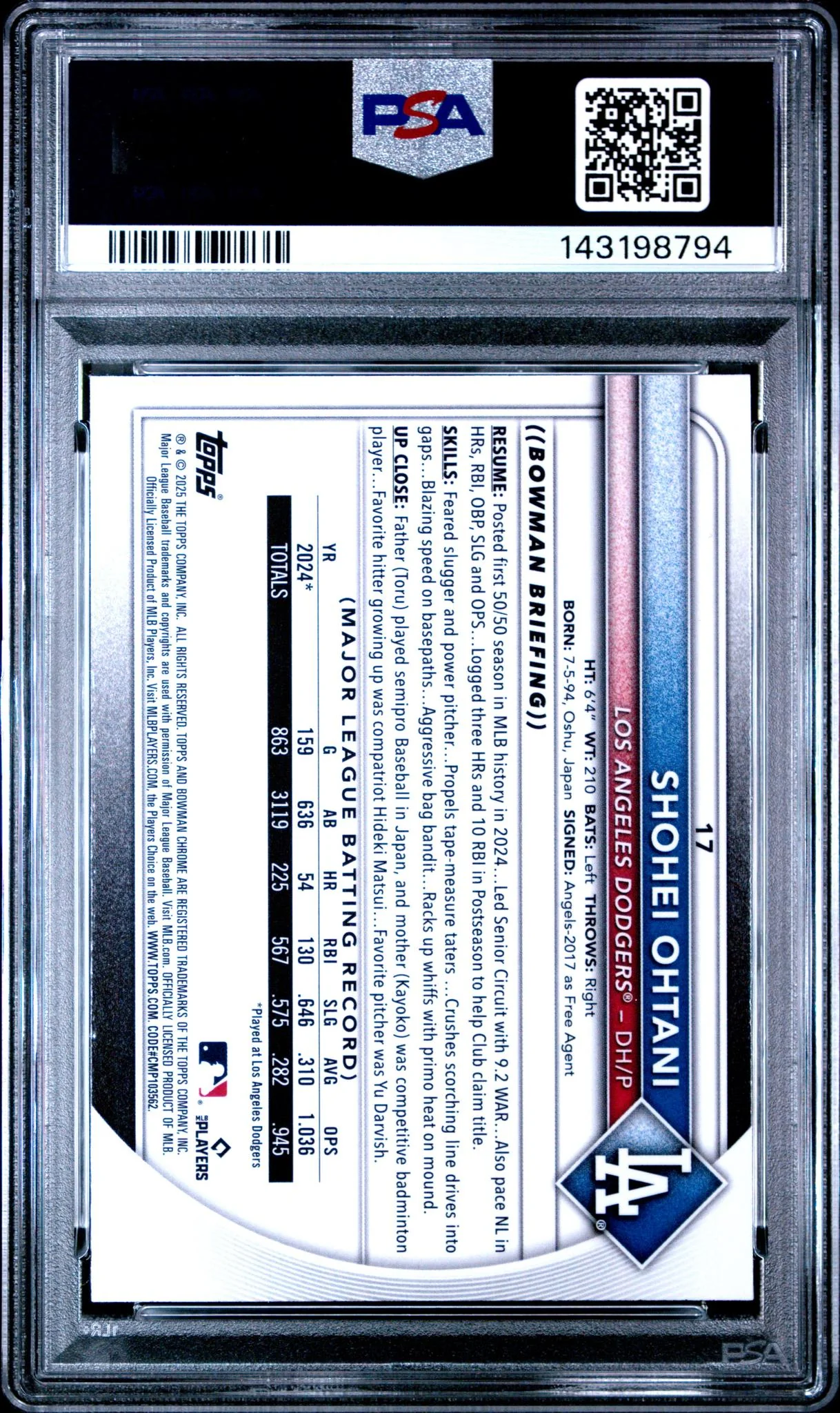 2025 Bowman Mega Box Chrome Prospect Refractor Shohei Ohtani #17 PSA 9 - Image 2