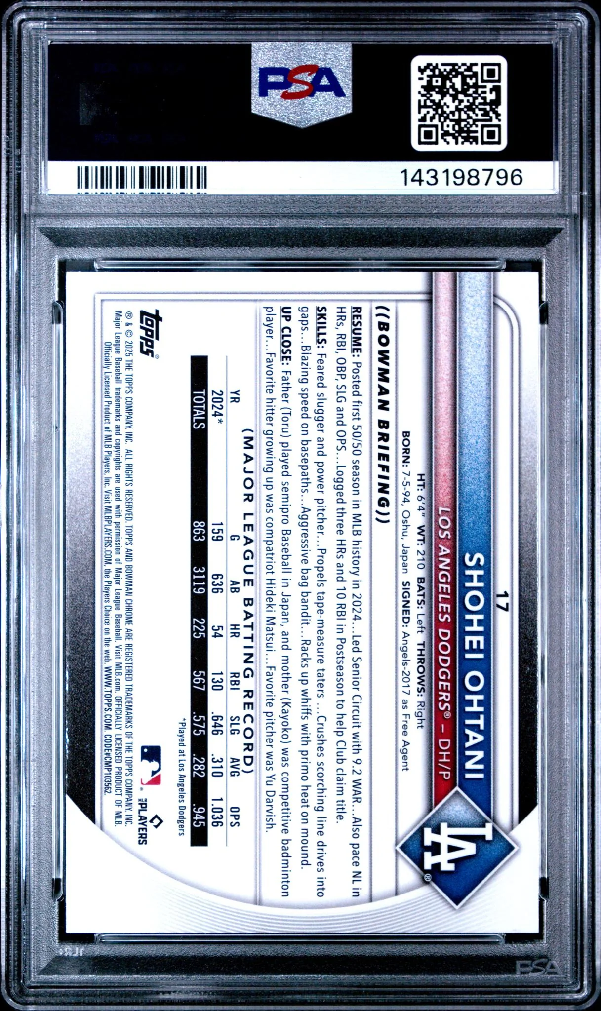 2025 Bowman Mega Box Chrome Prospect Refractor Shohei Ohtani #17 PSA 9 - Image 2