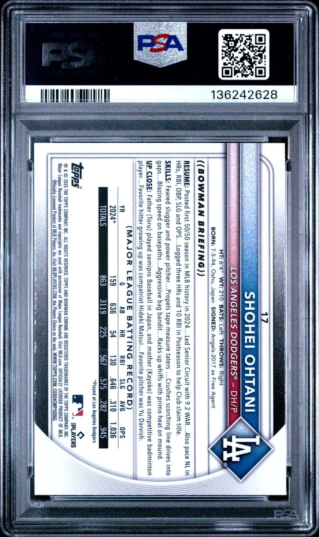 2025 Bowman Mega Box Chrome Prospect Refractor Shohei Ohtani #17 PSA 9 - Image 2