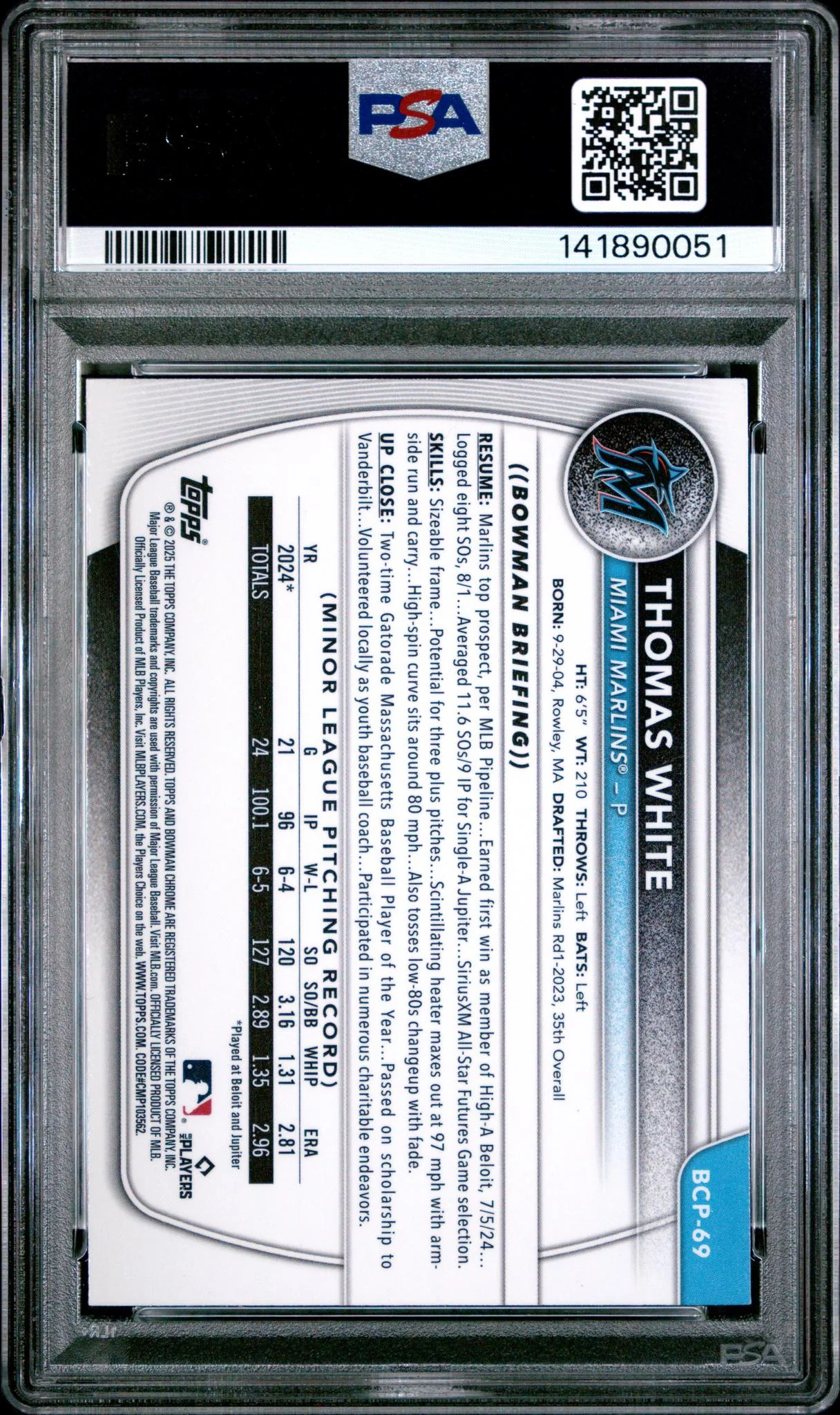 2025 Bowman Mega Box Chrome Prospects Blue Refractor Thomas White #69 PSA 10 - Image 2