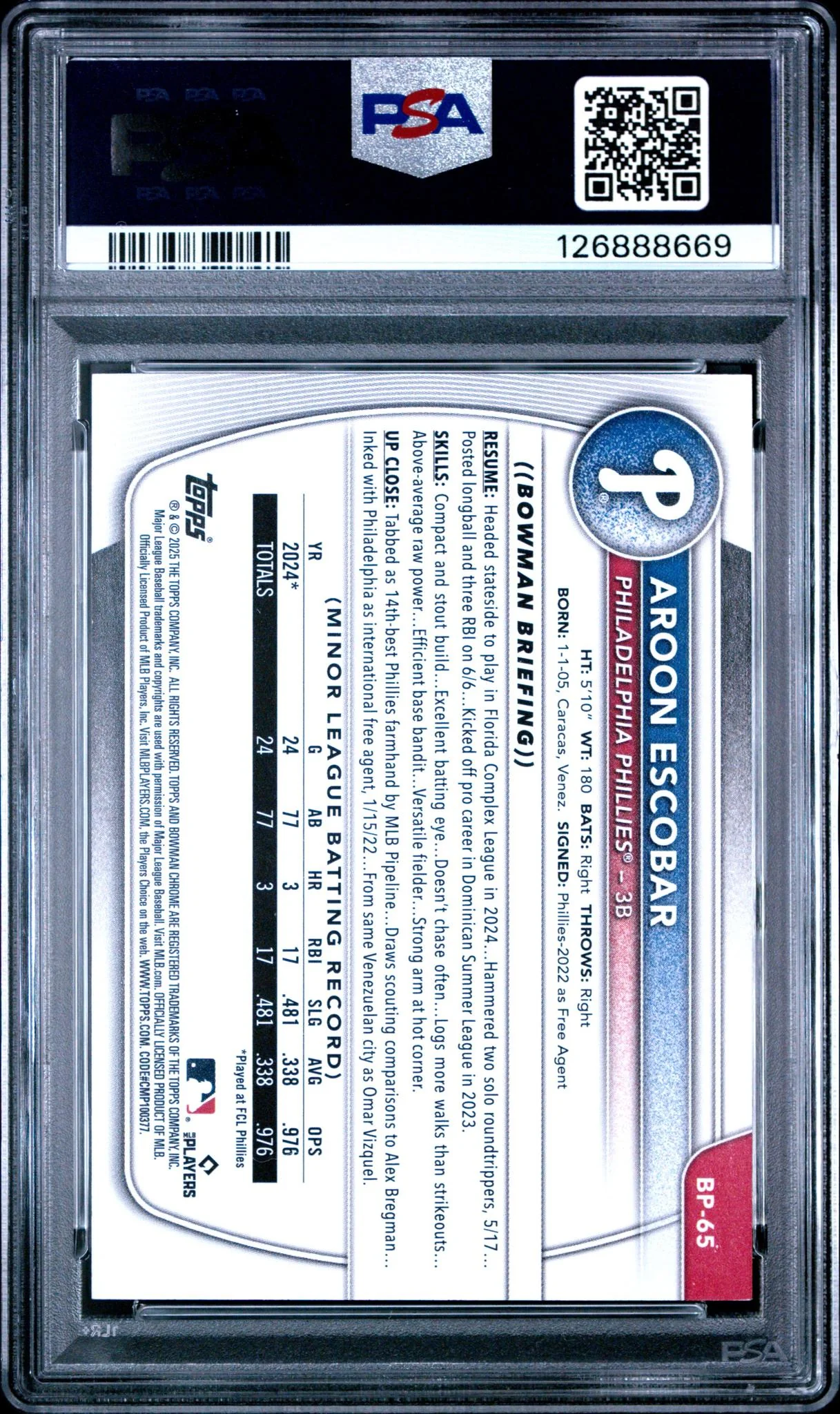 2025 Bowman Orange Aroon Escobar #BP65 /75 PSA 9 - Image 2