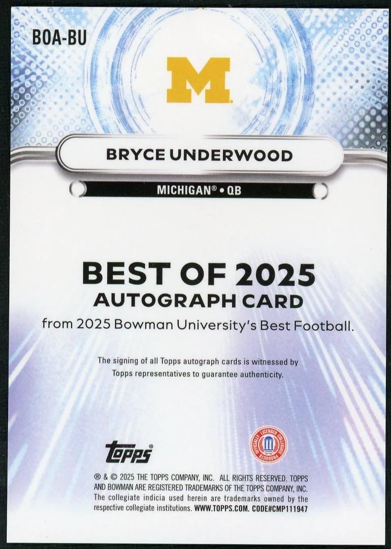 2025 Bowman's Best University Best of 2025 Autographs Bryce Underwood - Image 2
