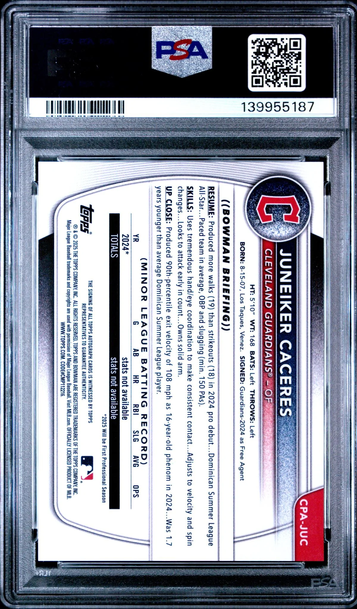 2025 Chrome Prospect Autographs Juneiker Caceres #CPAJUC PSA 10 - Image 2
