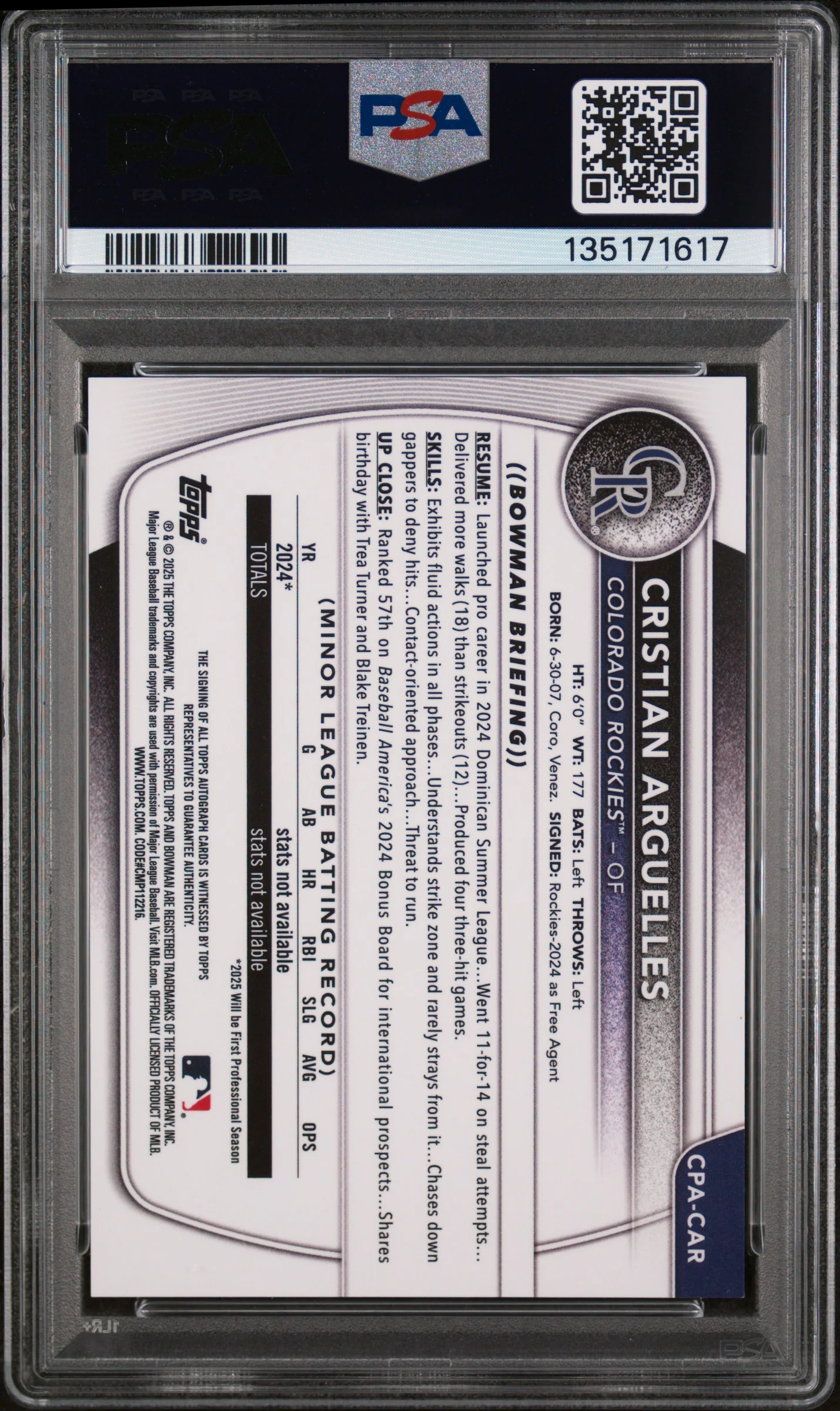 2025 Chrome Prospect Autographs Mini-Diamond Refractors Cristian Arguelles #CPACAR /100 PSA 9 - Image 2