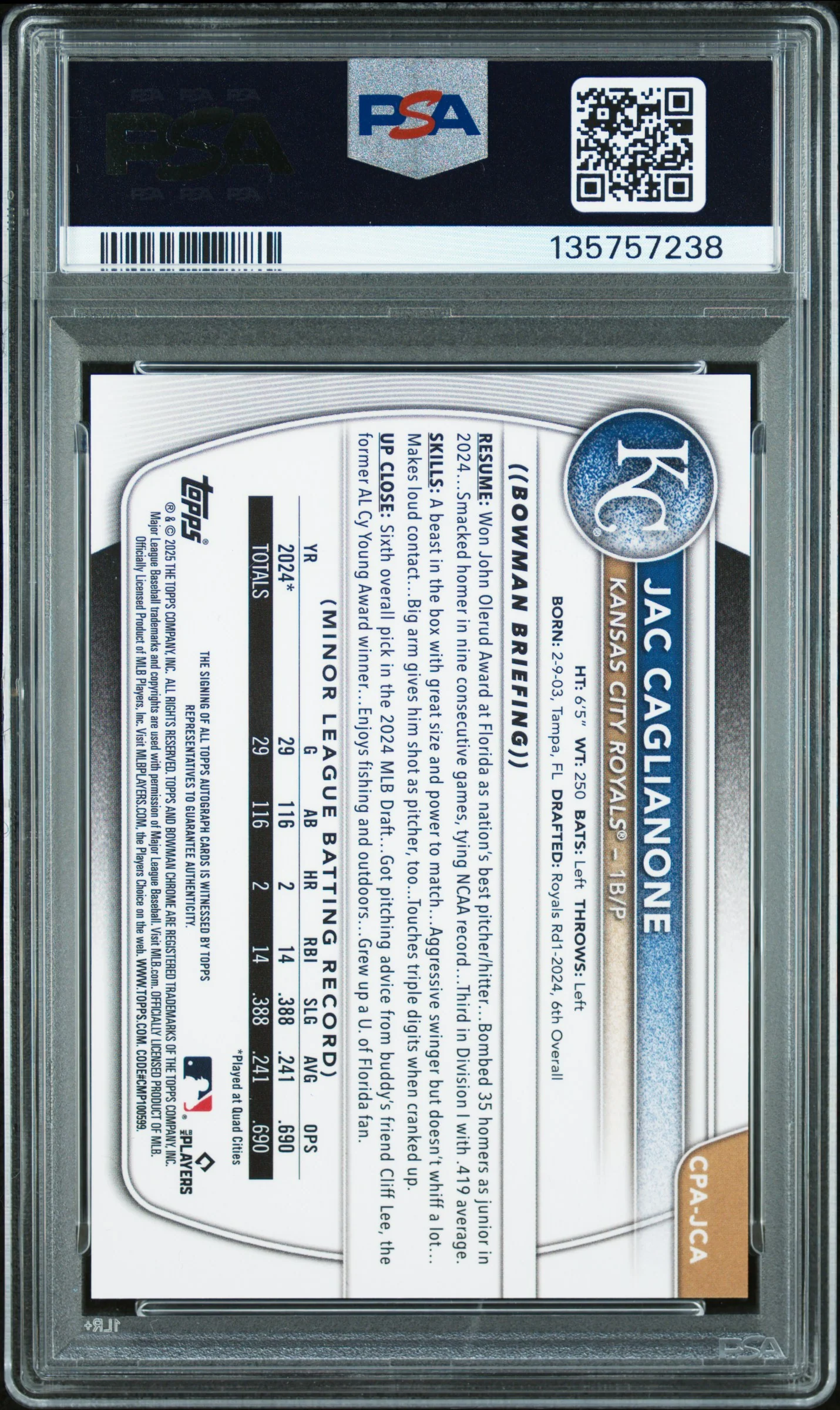 2025 Chrome Prospect Autographs Orange Wave Refractors Jac Caglianone #CPAJCA /25 PSA 10 - Image 2