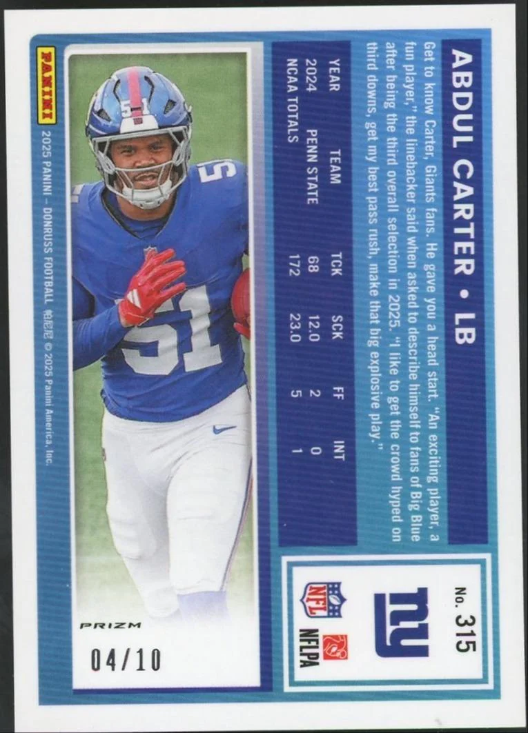 2025 Donruss Optic Abdul Carter Gold Cracked Ice /10 - Image 2