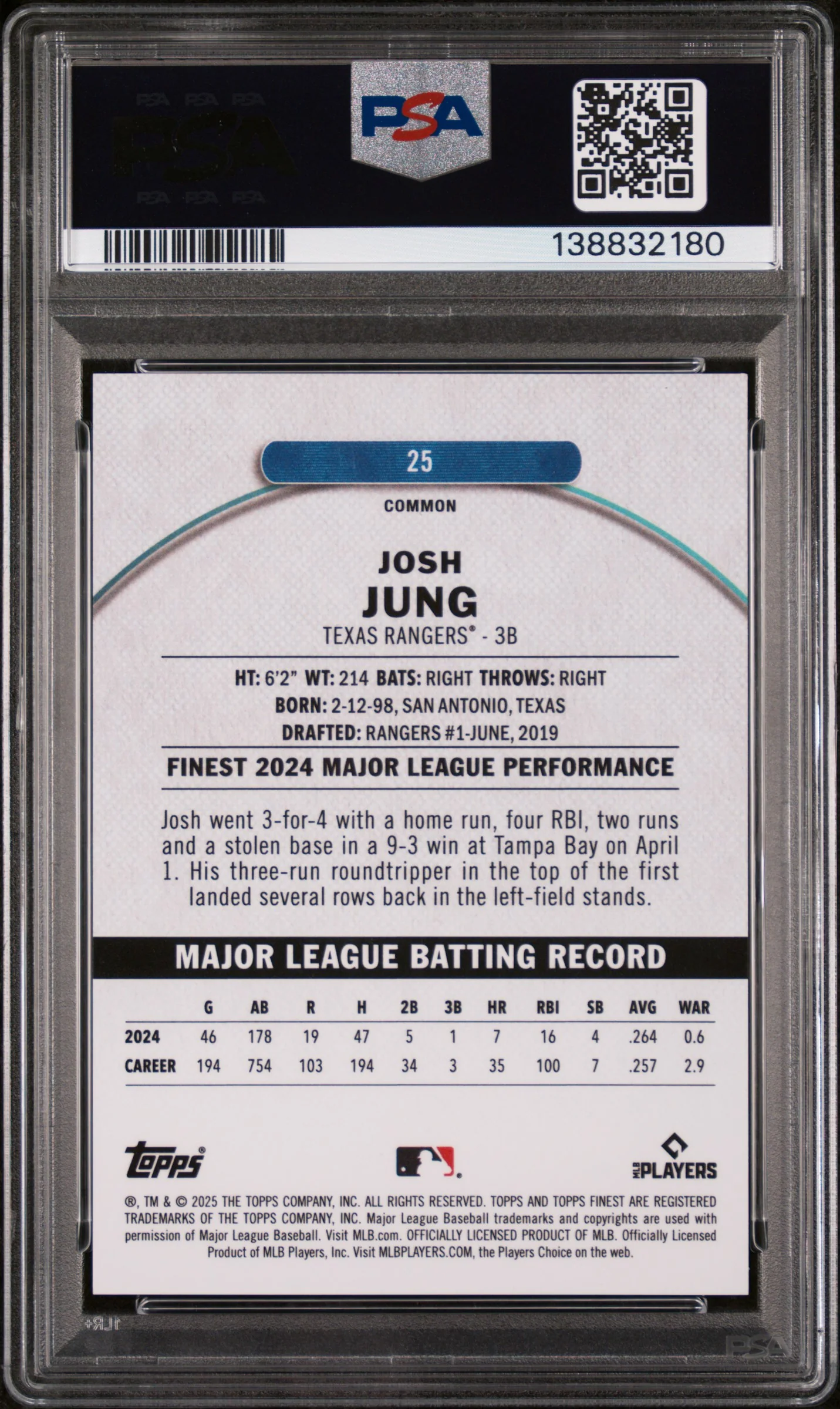 2025 Finest Red Refractor Josh Jung #25 /10 PSA 8 - Image 2