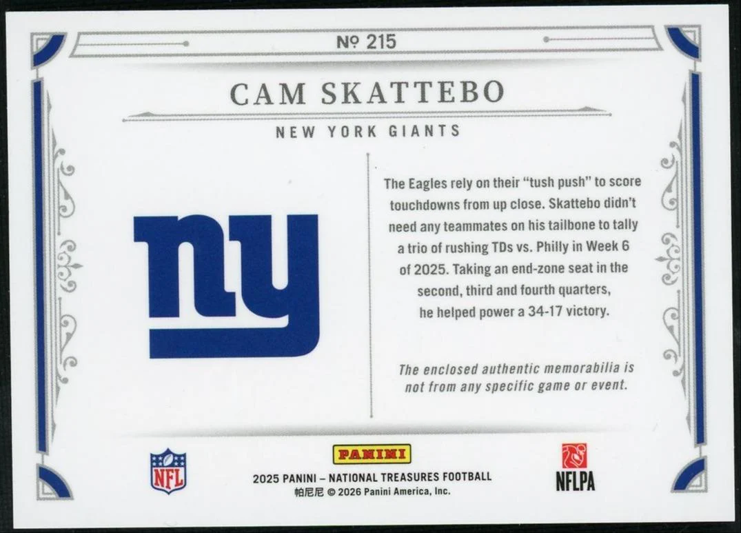 2025 National Treasures Cam Skattebo Patch /99 - Image 2