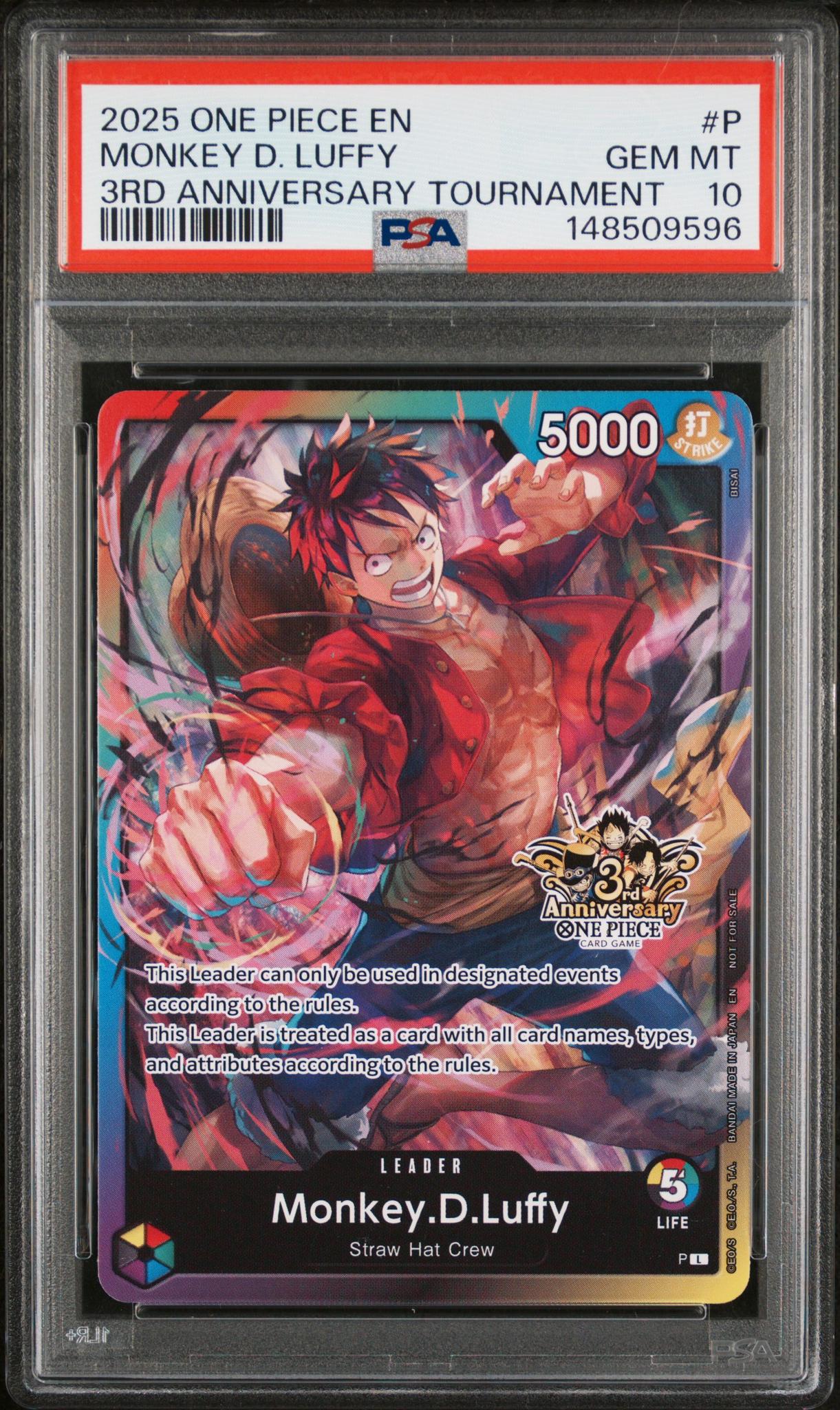 2025 One Piece Tournament Promo 3rd Anniversary 3 Brothers Pack Leader Monkey D. Luffy #P PSA 10
