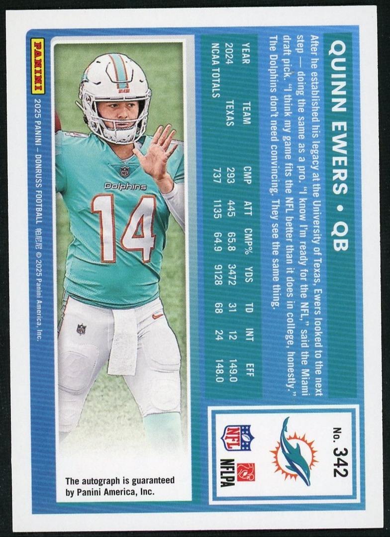 2025 Panini Donruss 342 Quinn Ewers Autograph-Orange - Image 2