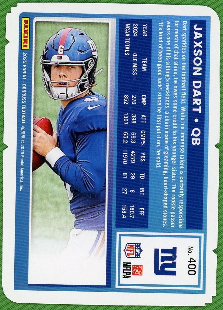 2025 Panini Donruss 400 Jaxson Dart Press Proof Rookie /25 VG NY Giants - Image 2