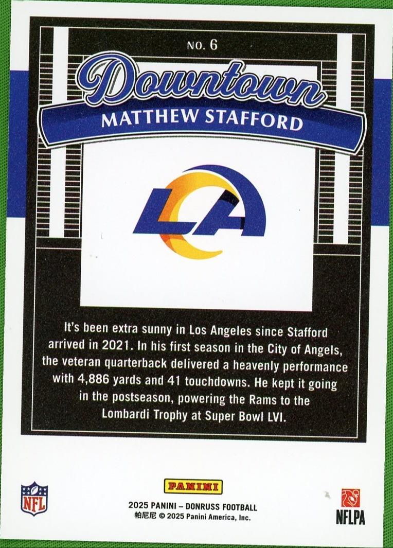 2025 Panini Donruss 6 Matthew Stafford Downtown VG Los Angeles Rams - Image 2