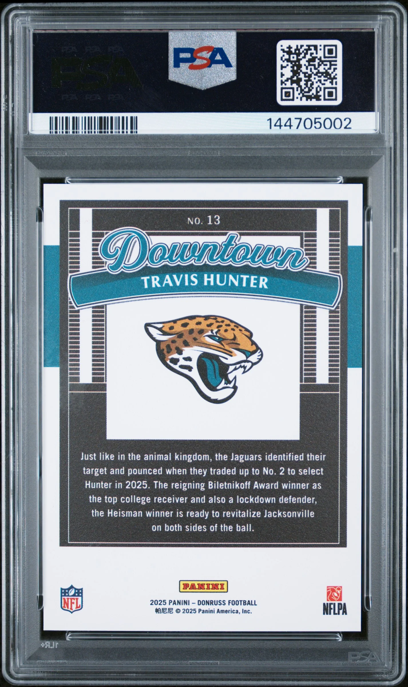 2025 Panini Donruss Downtown Travis Hunter #13 PSA 9 - Image 2