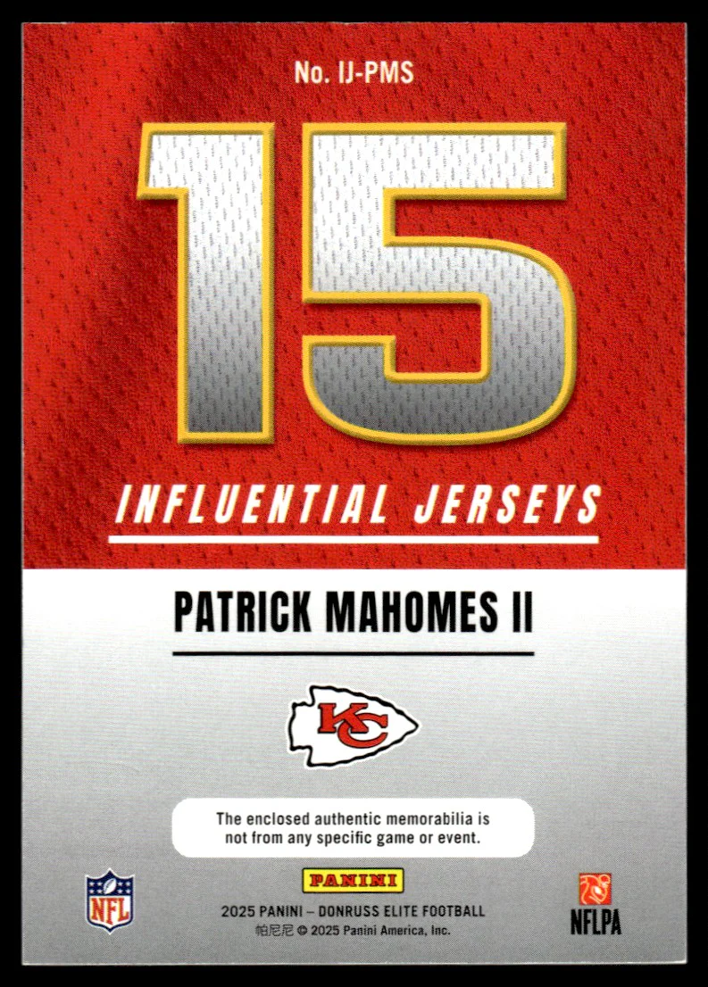 2025 Panini Donruss Elite IJ-PMS Patrick Mahomes II Influential Jerseys /799 Kansas City Chiefs - Image 2