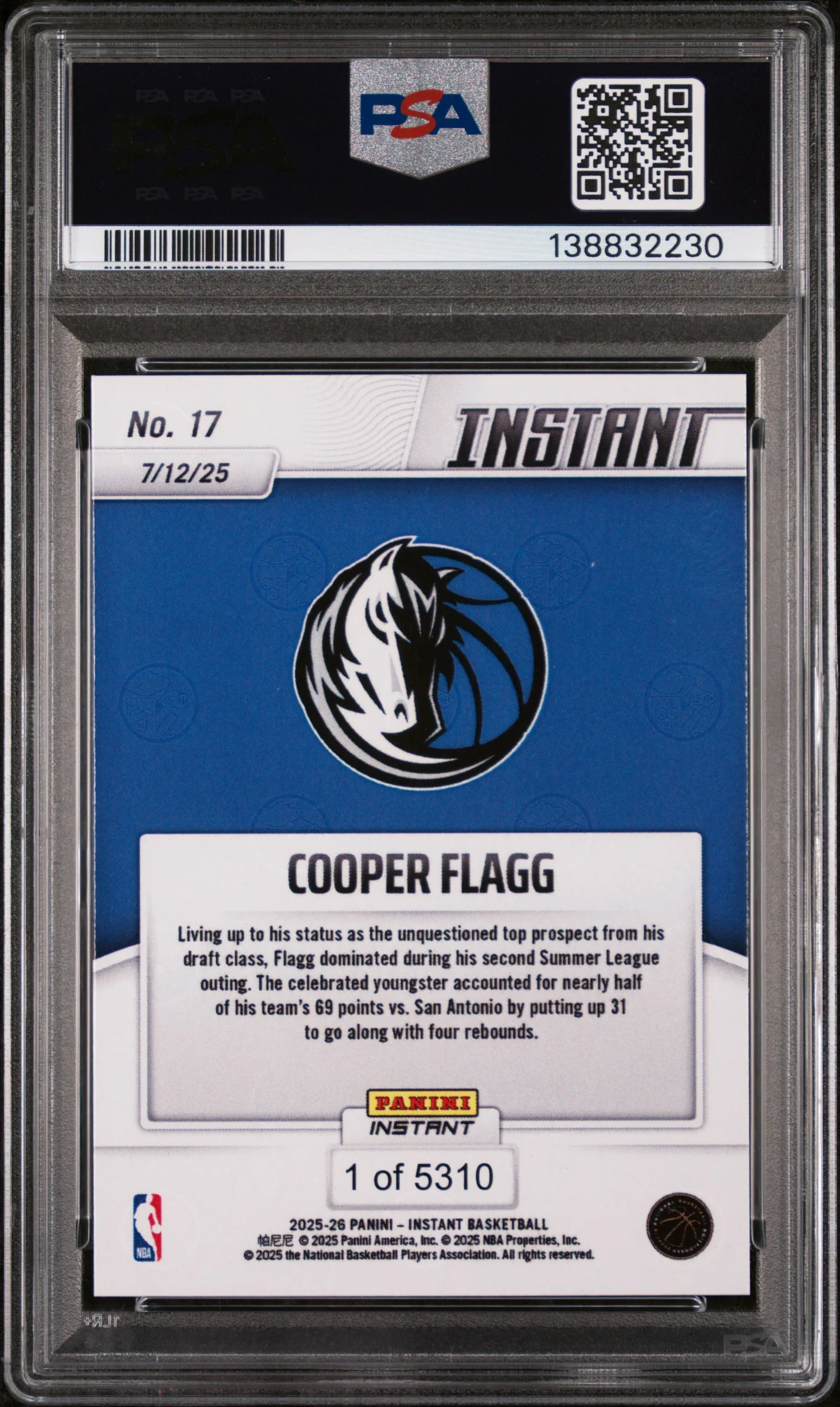 2025 Panini Instant Cooper Flagg #17 /5310 /1 PSA 10 - Image 2