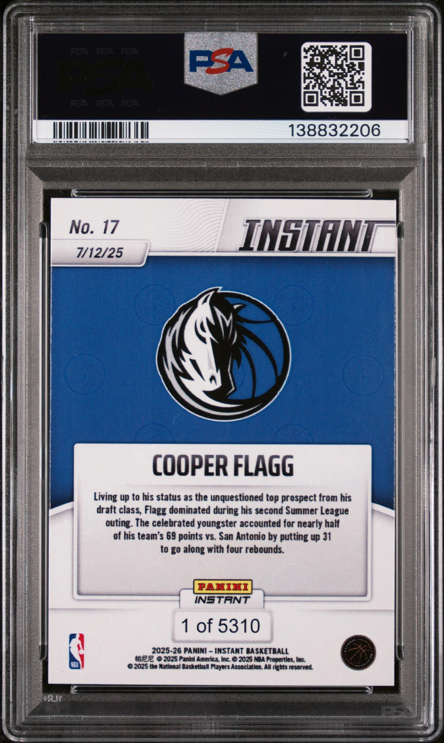 2025 Panini Instant Cooper Flagg #17 /5310 /1 PSA 10 - Image 2