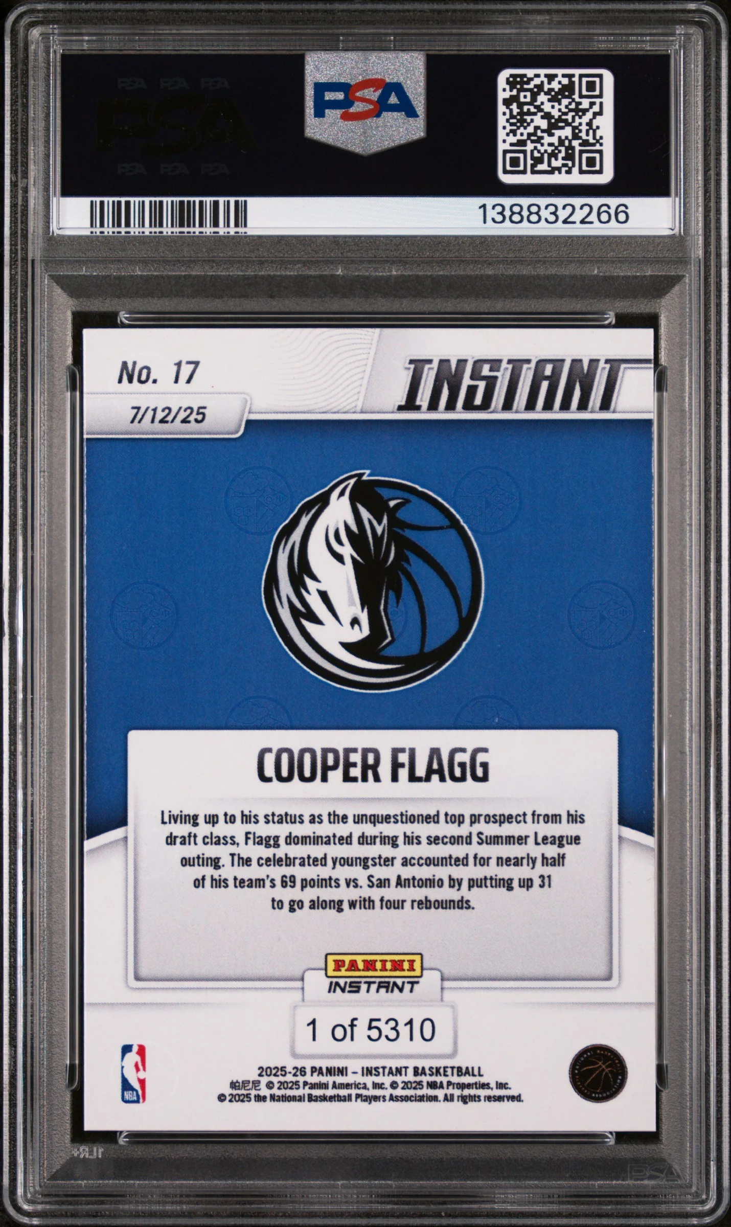 2025 Panini Instant Cooper Flagg #17 /5310 /1 PSA 10 - Image 2