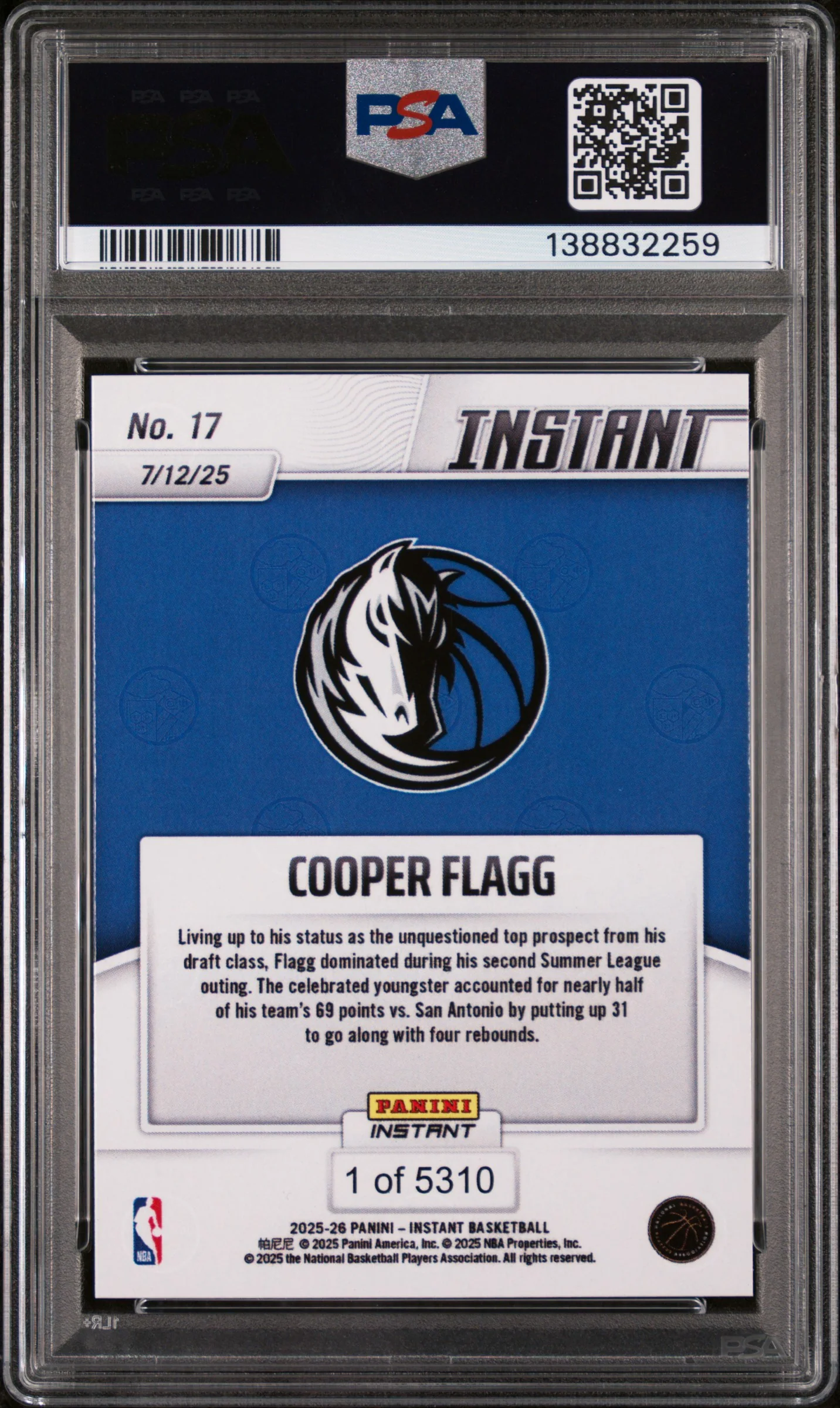 2025 Panini Instant Cooper Flagg #17 /5310 /1 PSA 10 - Image 2