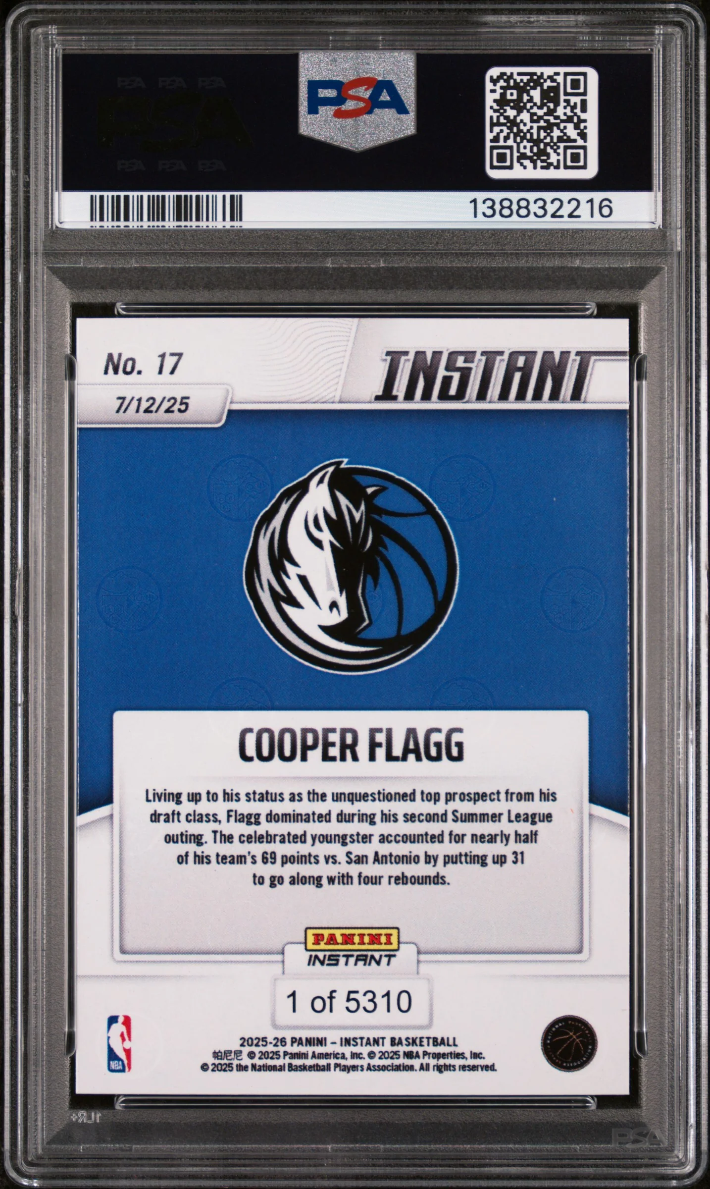 2025 Panini Instant Cooper Flagg #17 /5310 /1 PSA 10 - Image 2