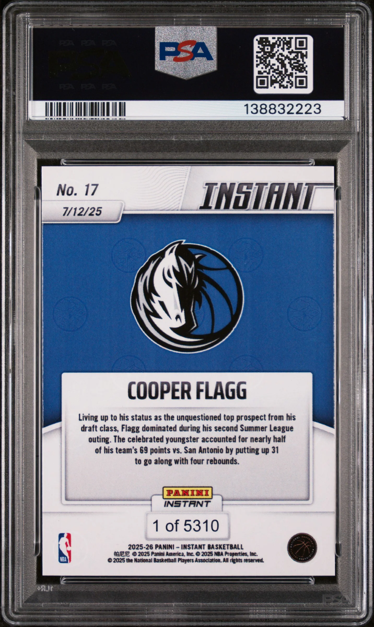 2025 Panini Instant NBA Cooper Flagg #17 /1 PSA 10 - Image 2