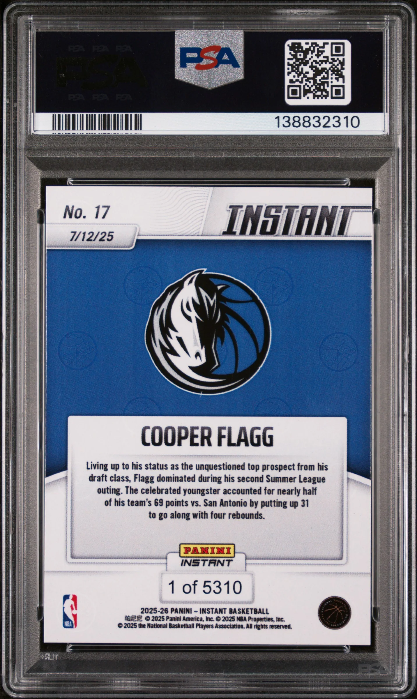 2025 Panini Instant NBA Cooper Flagg #17 /1 PSA 9 - Image 2