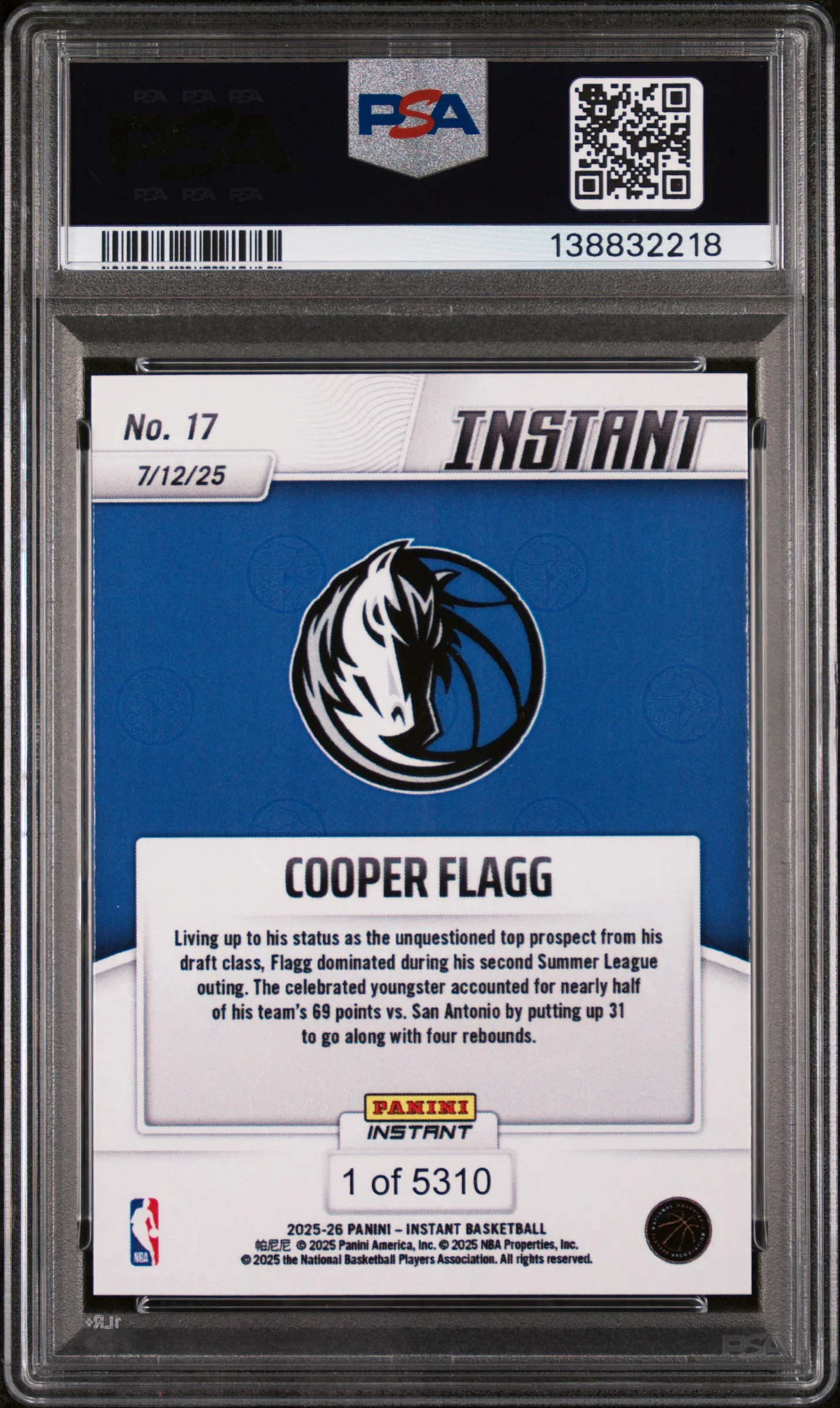 2025 Panini Instant NBA Cooper Flagg #17 /1 PSA 10 - Image 2