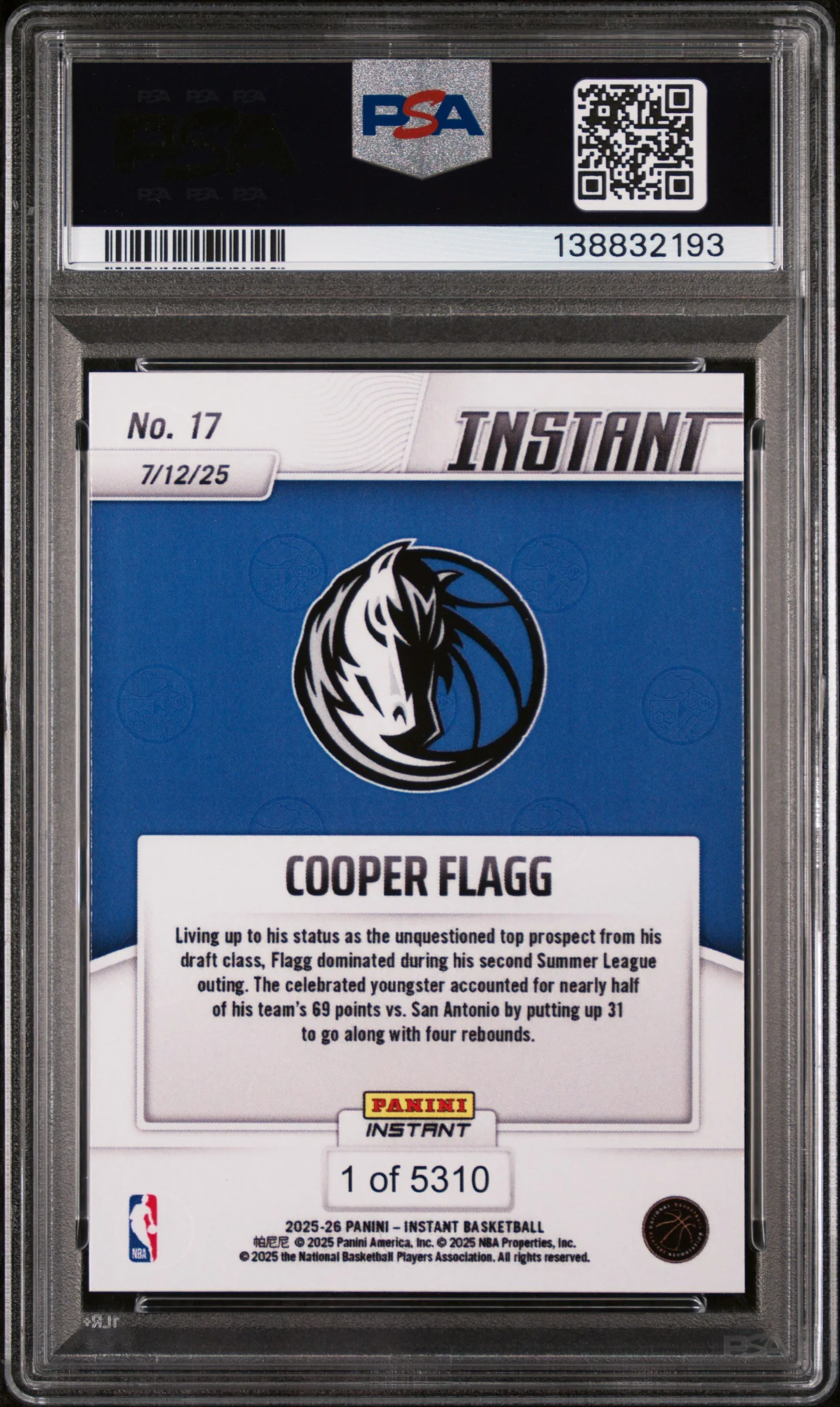 2025 Panini Instant NBA Cooper Flagg #17 /1 PSA 10 - Image 2