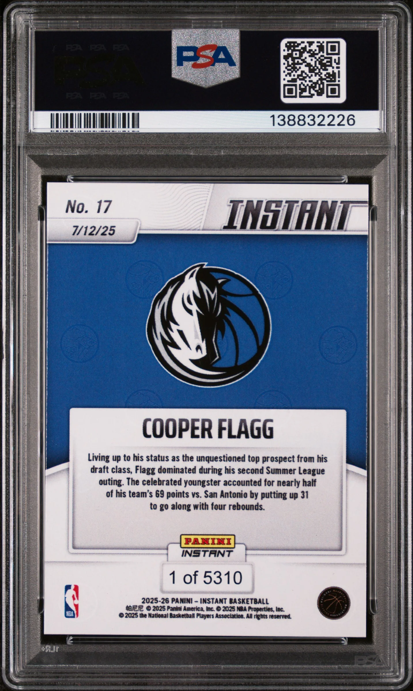 2025 Panini Instant NBA Cooper Flagg #17 /1 PSA 10 - Image 2