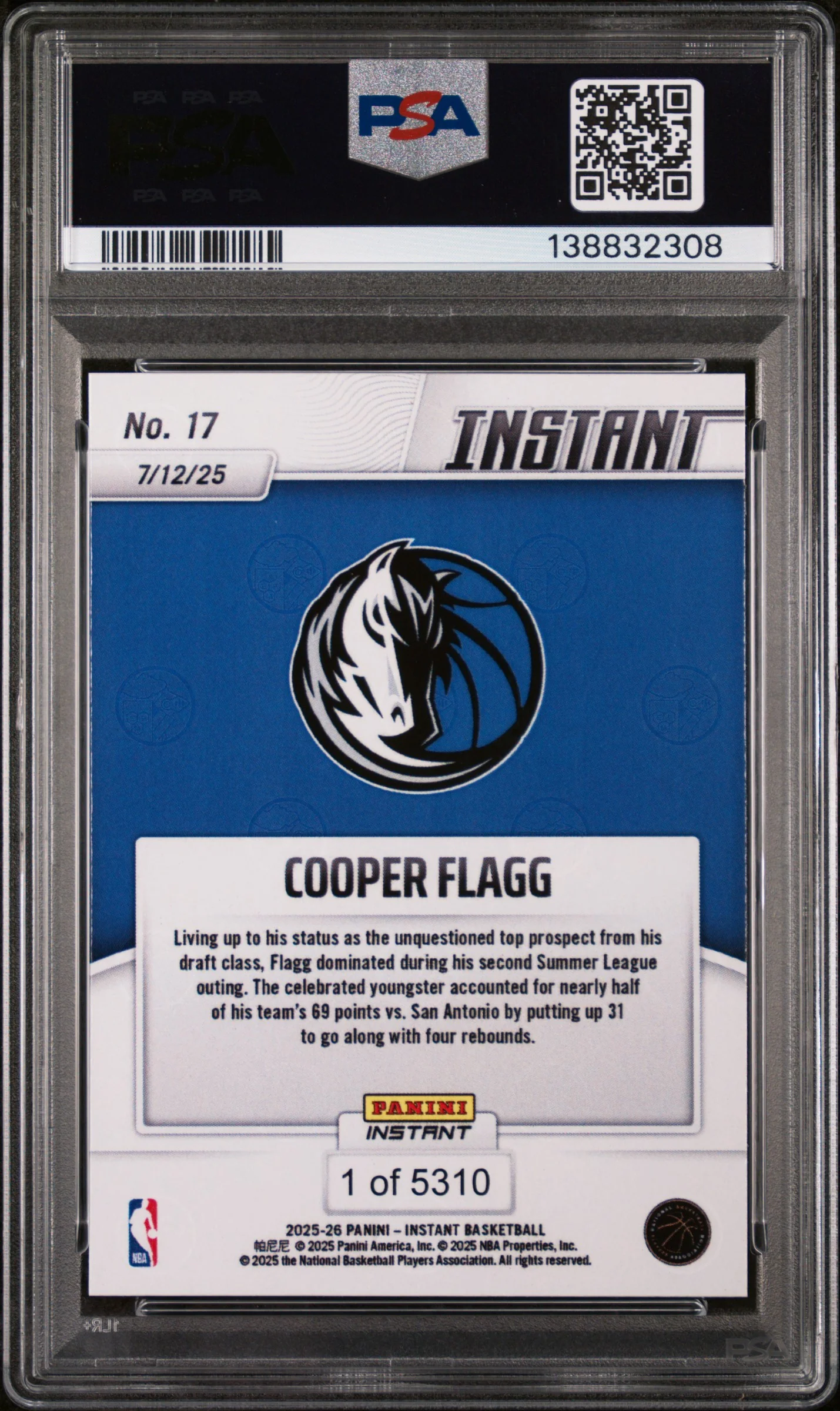 2025 Panini Instant NBA Cooper Flagg #17 /1 PSA 10 - Image 2