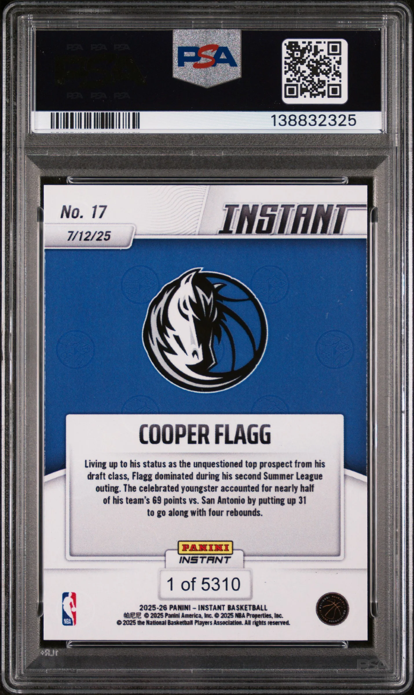 2025 Panini Instant NBA Cooper Flagg #17 /1 PSA 9 - Image 2
