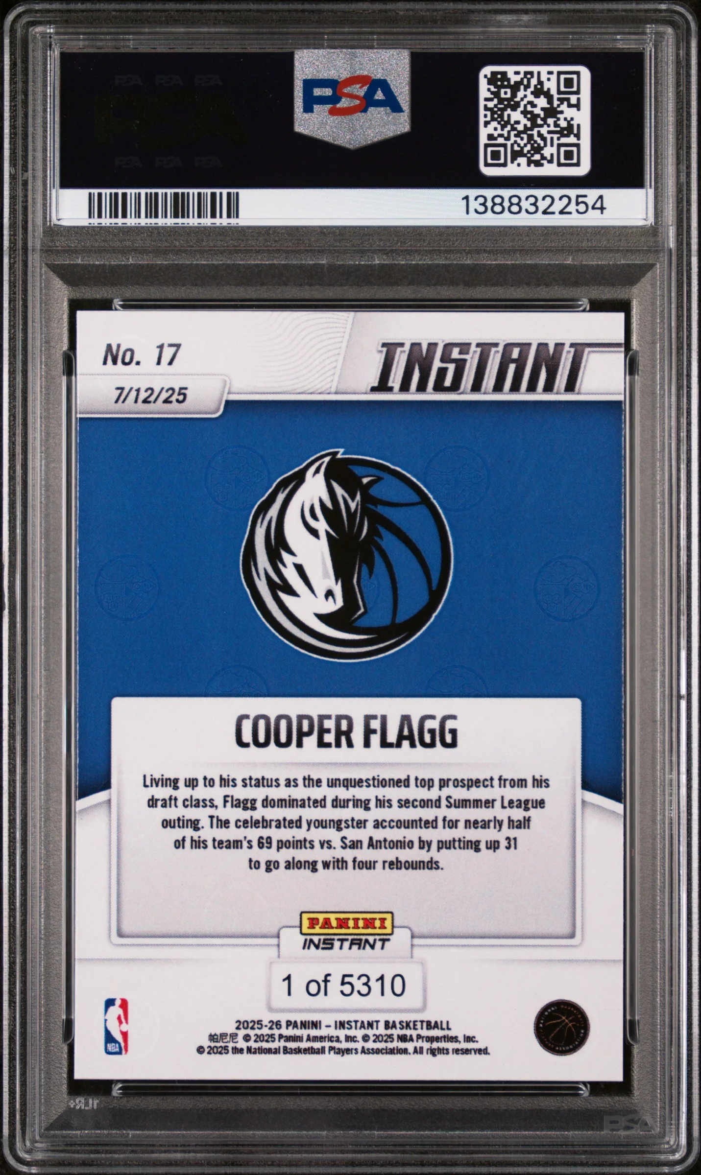 2025 Panini Instant NBA Cooper Flagg #17 /1 PSA 10 - Image 2