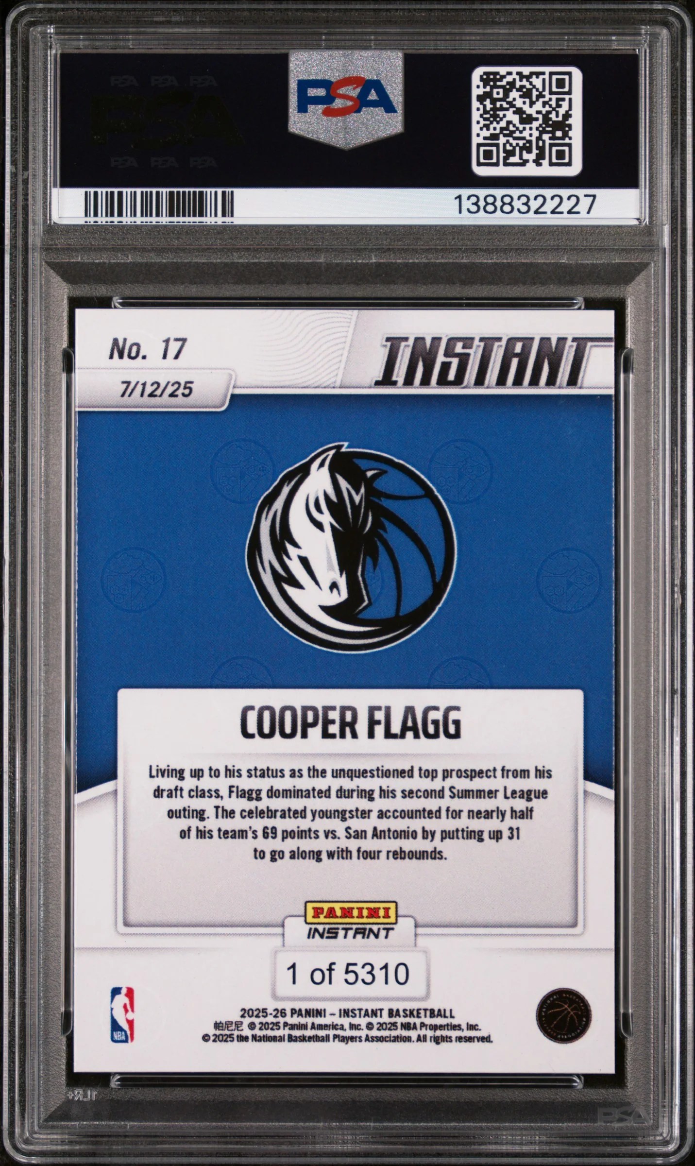 2025 Panini Instant NBA Cooper Flagg #17 /1 PSA 10 - Image 2