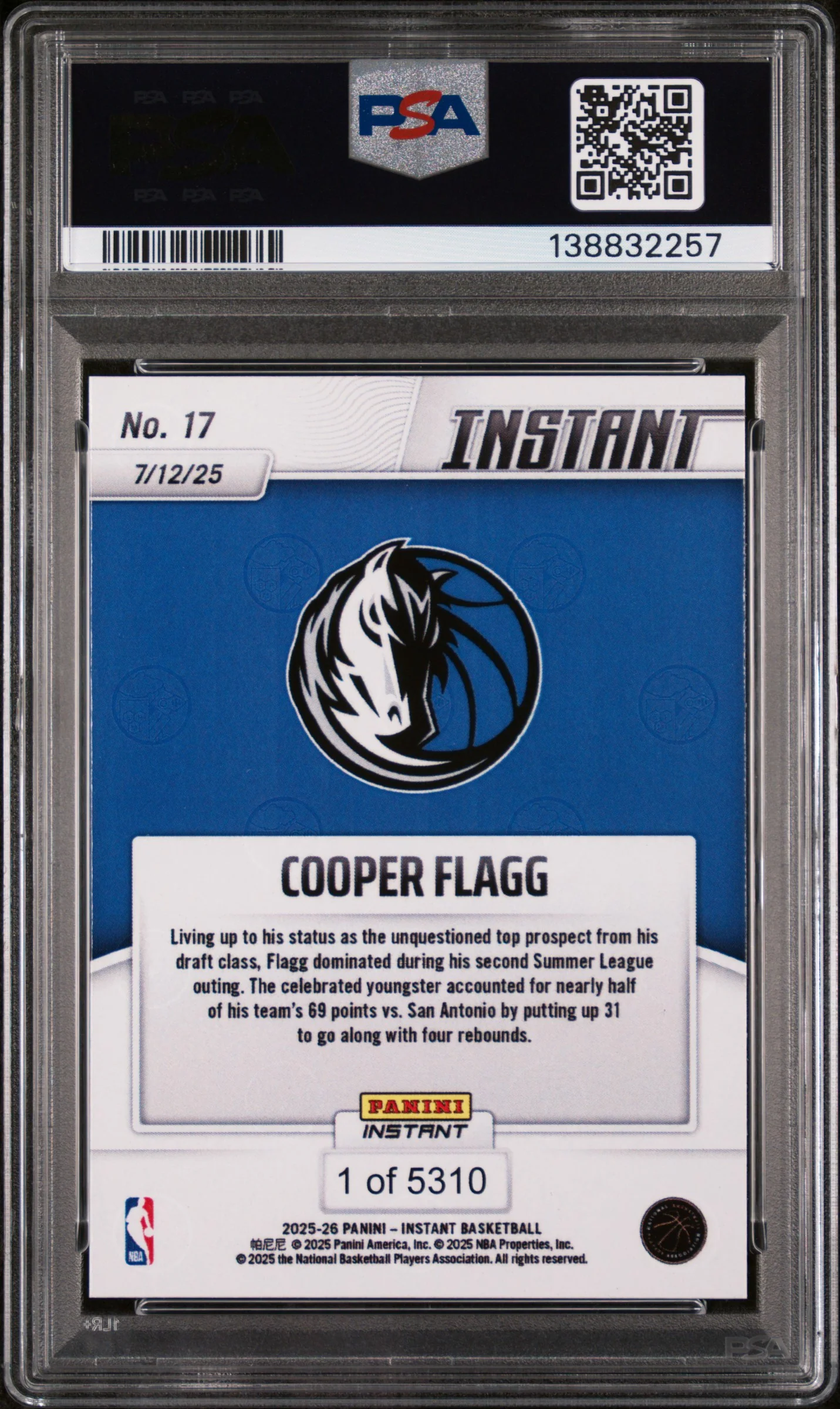 2025 Panini Instant NBA Cooper Flagg #17 /5310 PSA 10 - Image 2
