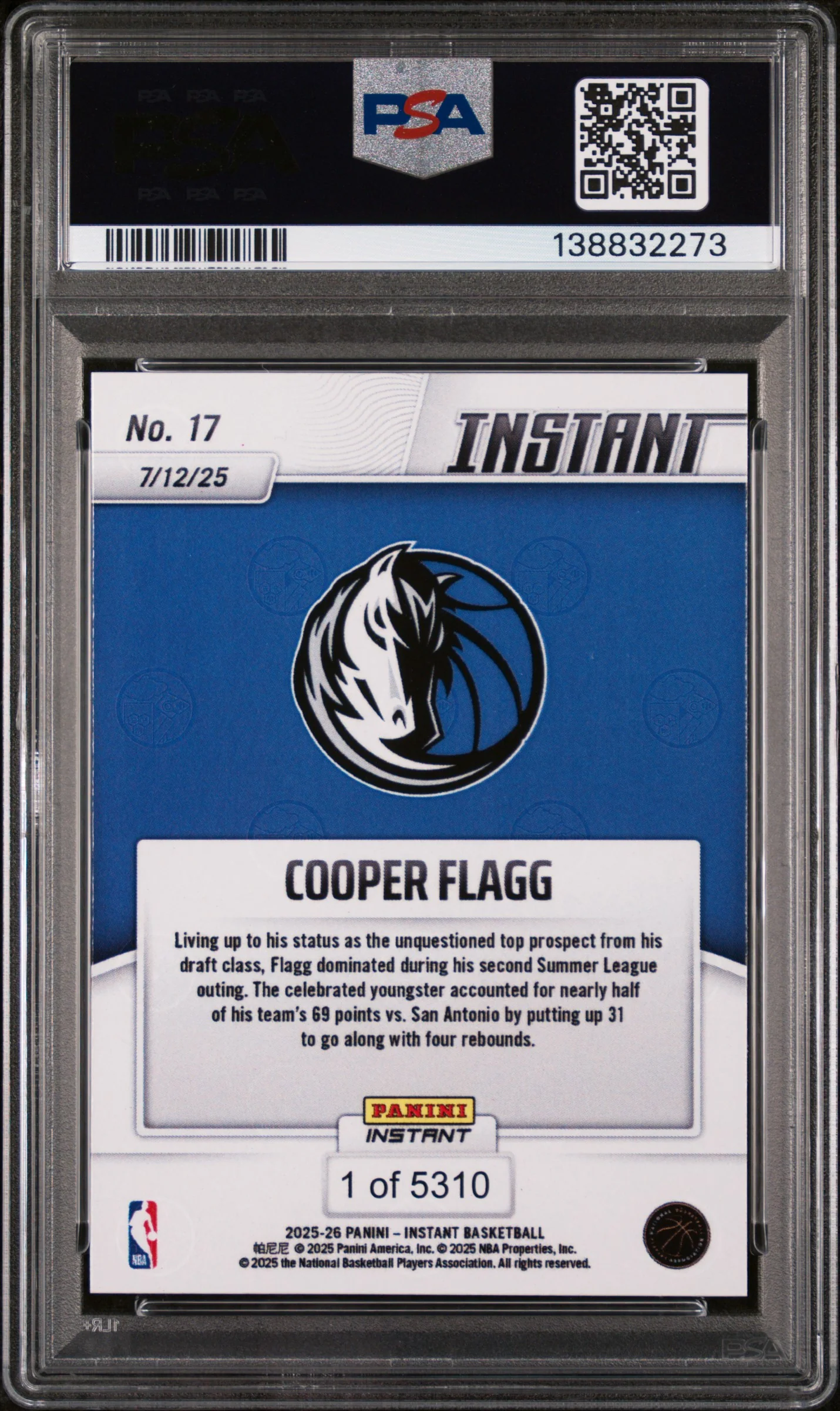 2025 Panini Instant NBA Cooper Flagg #17 /5310 PSA 10 - Image 2