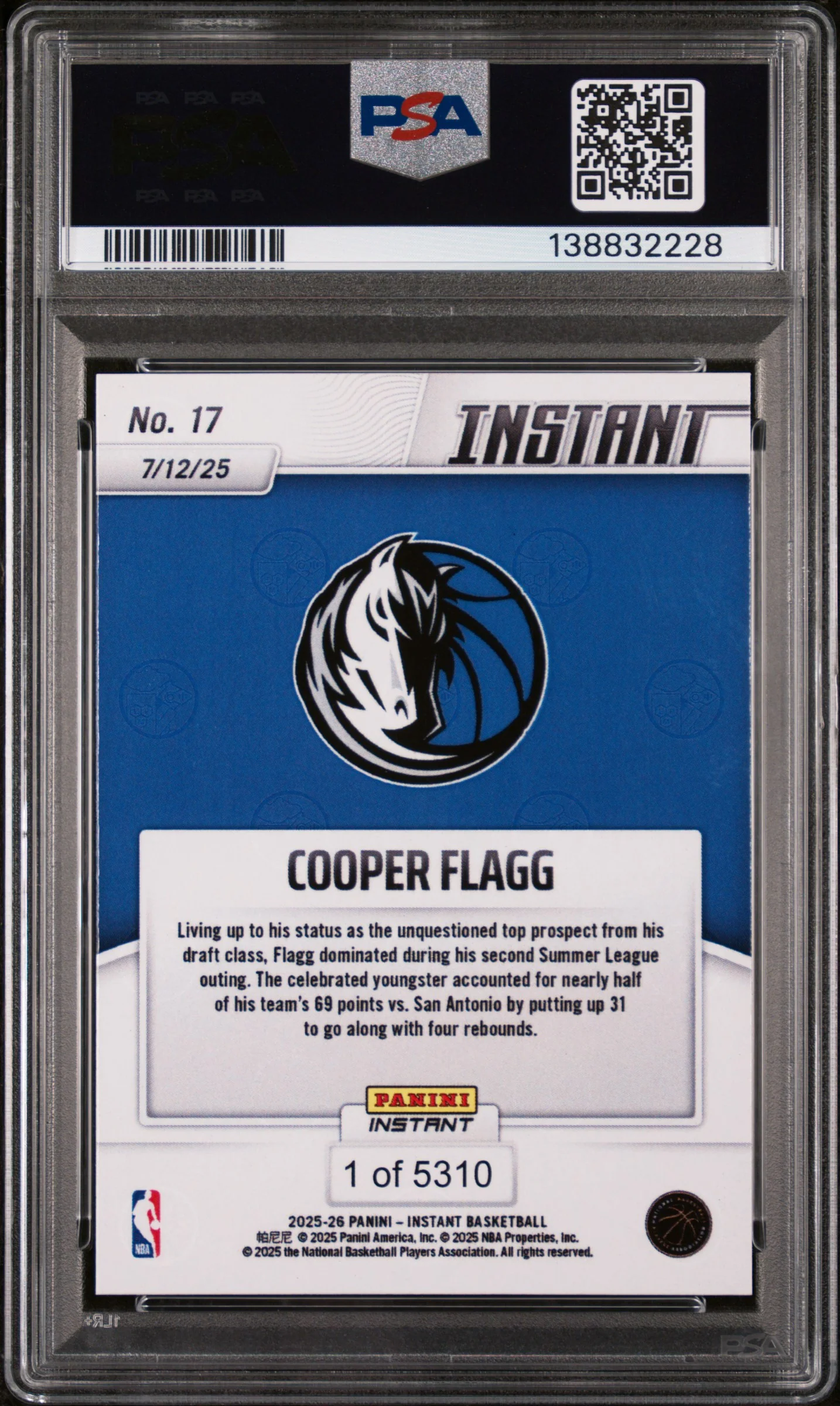 2025 Panini Instant NBA Cooper Flagg #17 /5310 PSA 9 - Image 2