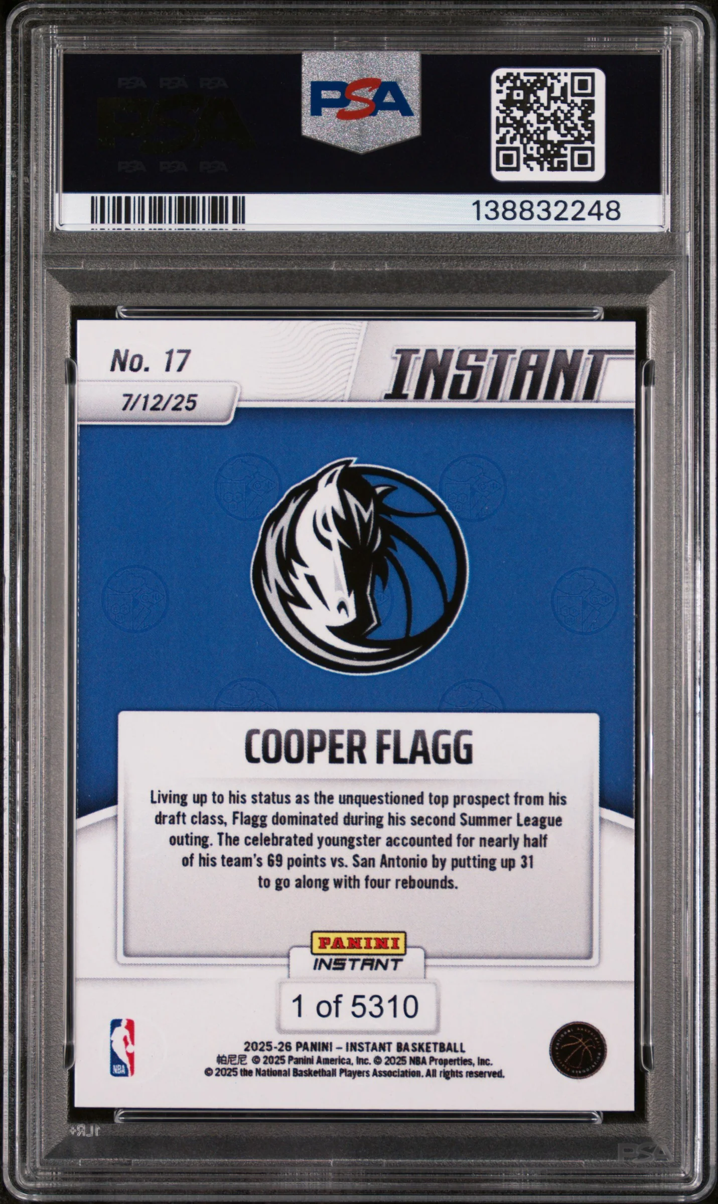 2025 Panini Instant NBA Cooper Flagg #17 /5310 PSA 10 - Image 2