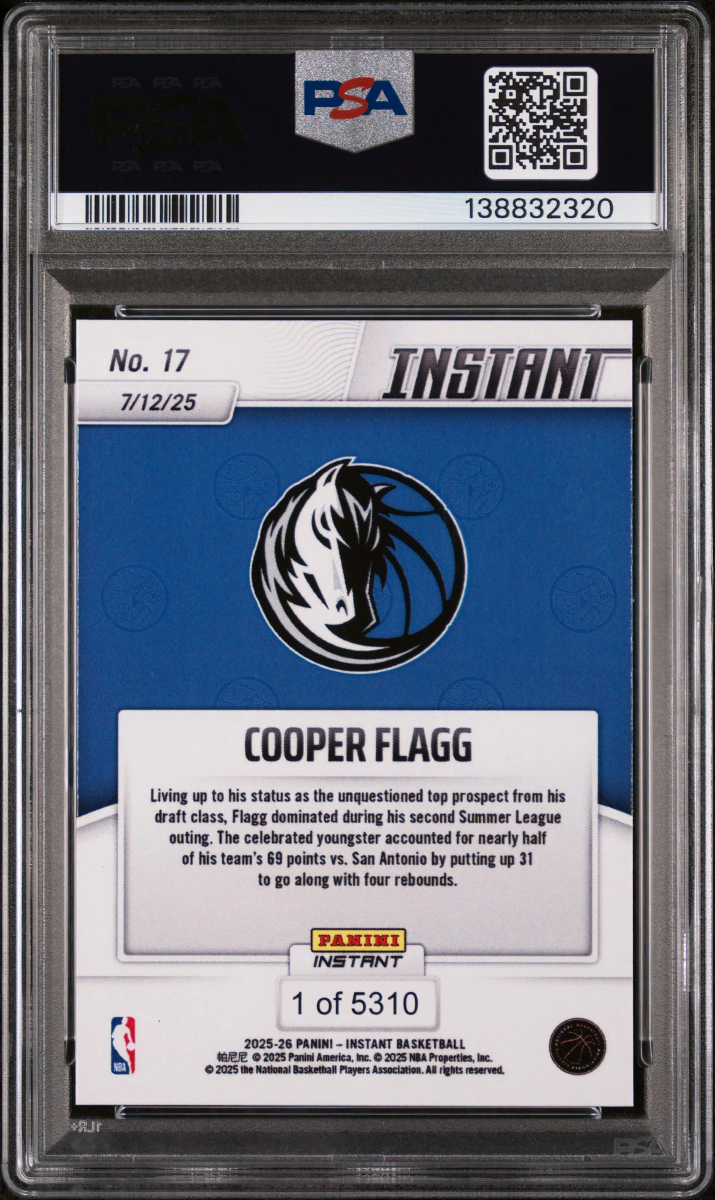 2025 Panini Instant NBA Cooper Flagg #17 /5310 PSA 9 - Image 2