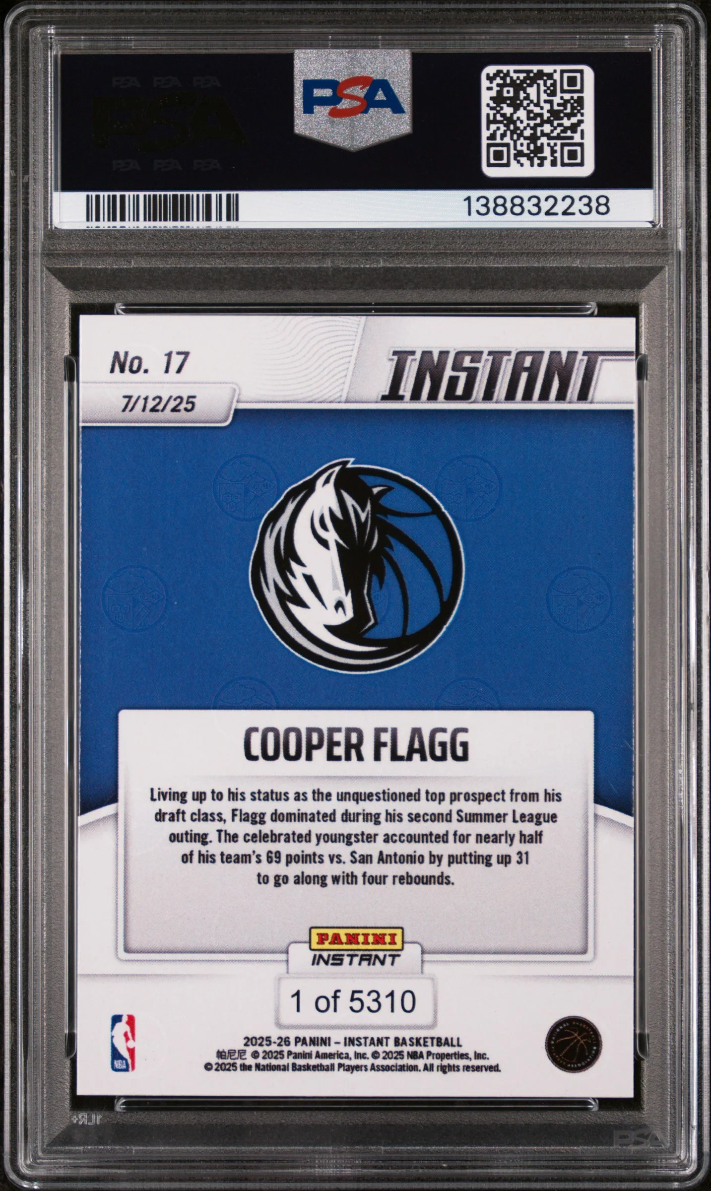 2025 Panini Instant NBA Cooper Flagg #17 /5310 PSA 9 - Image 2