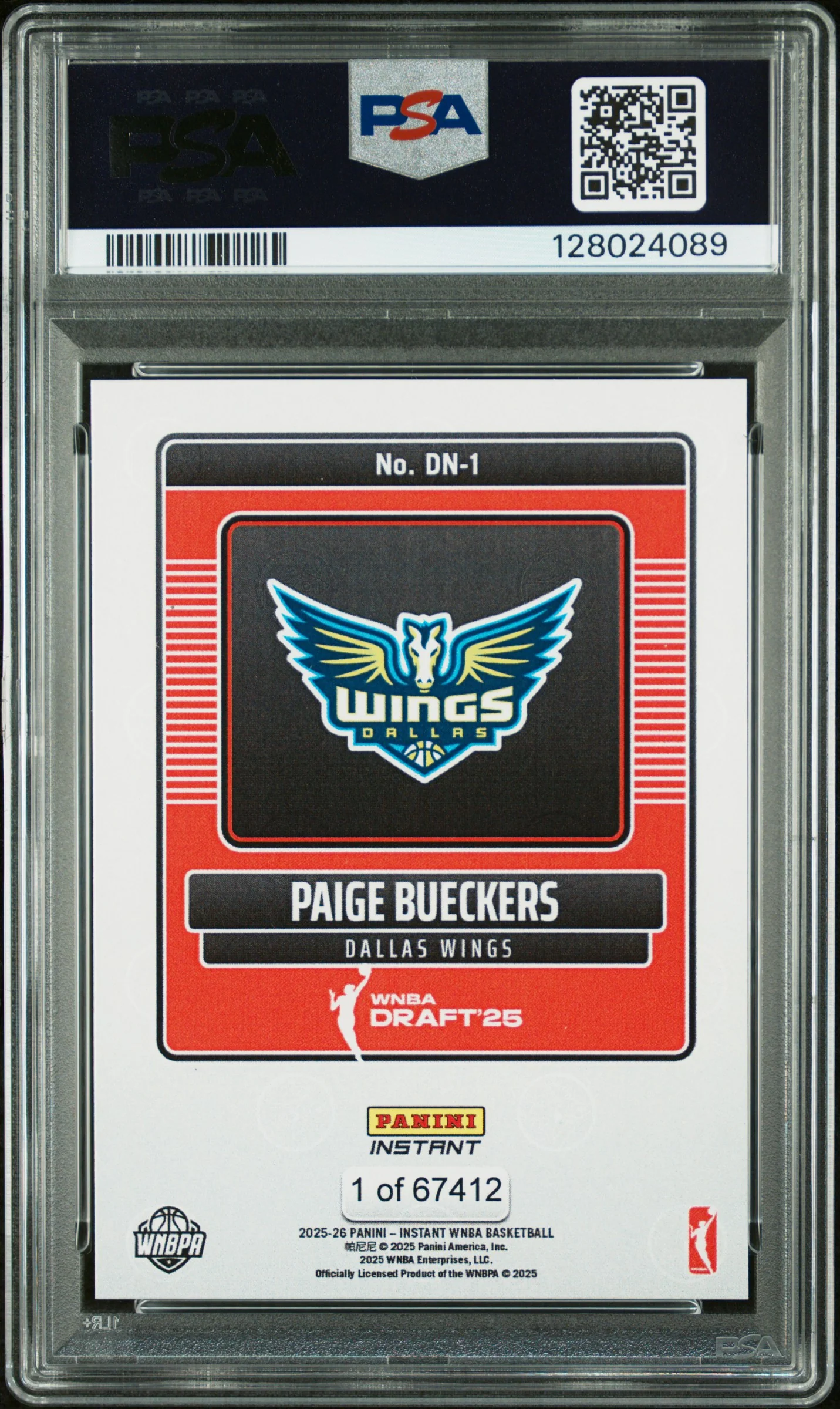 2025 Panini Instant WNBA Draft Night Paige Bueckers #DN-1 /67412 /1 PSA 10 - Image 2
