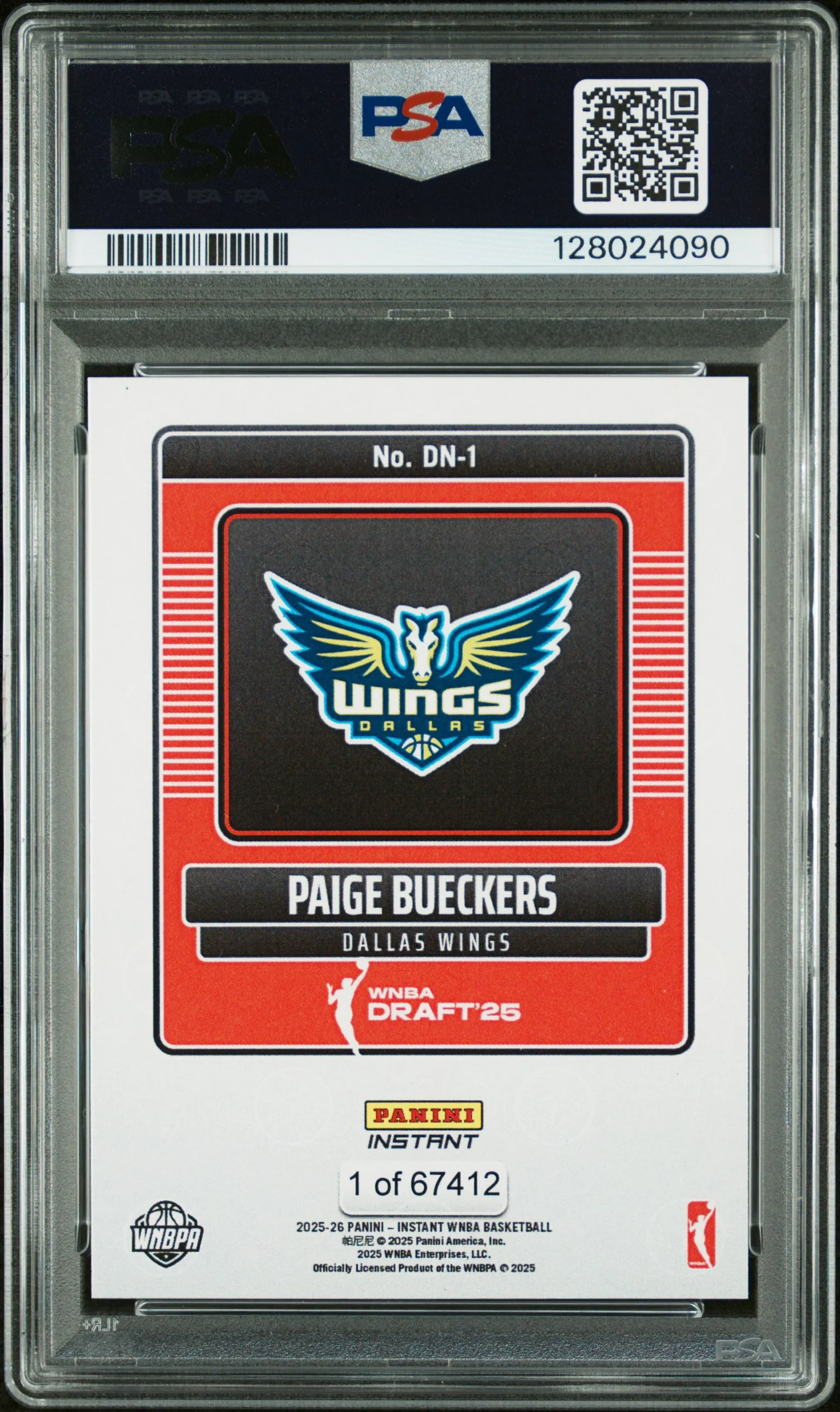 2025 Panini Instant WNBA Draft Night Paige Bueckers #DN-1 /67412 /1 PSA 10 - Image 2