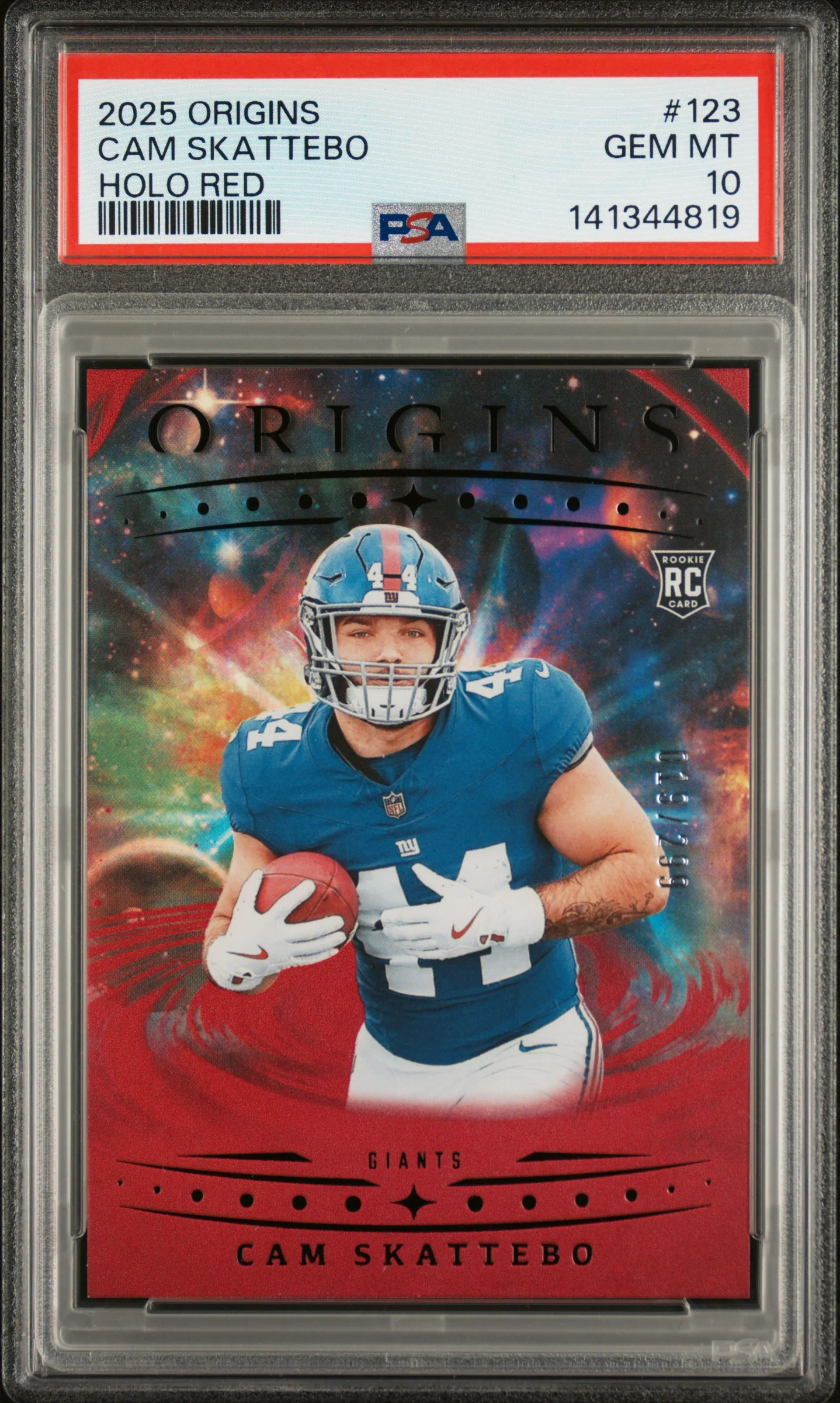 2025 Panini Origins Holo Red Cam Skattebo #123 /675 PSA 10