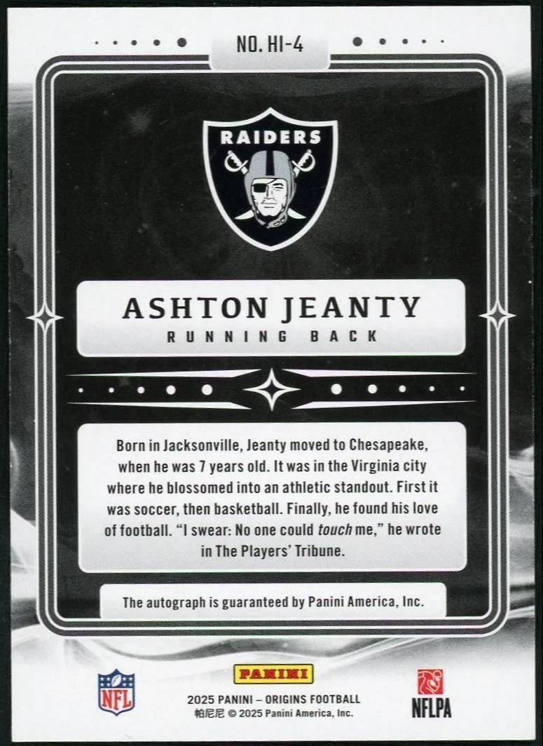 2025 Panini Origins Hometown Inscriptions Hi-4 Ashton Jeanty Gold /10 - Image 2