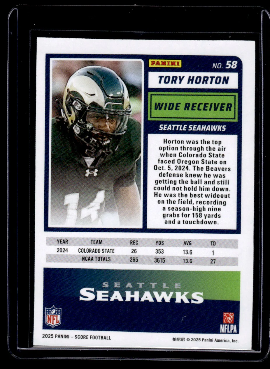 2025 Panini Score First Down Tory Horton #58 RC /10 - Image 2