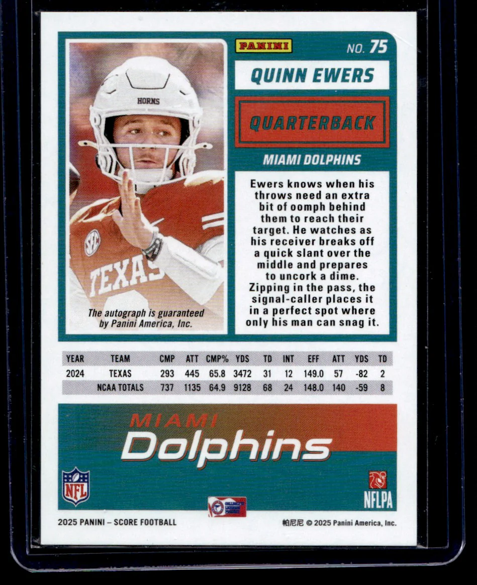 2025 Panini Score Gold Zone Quinn Ewers #75 RC Auto /50 - Image 2
