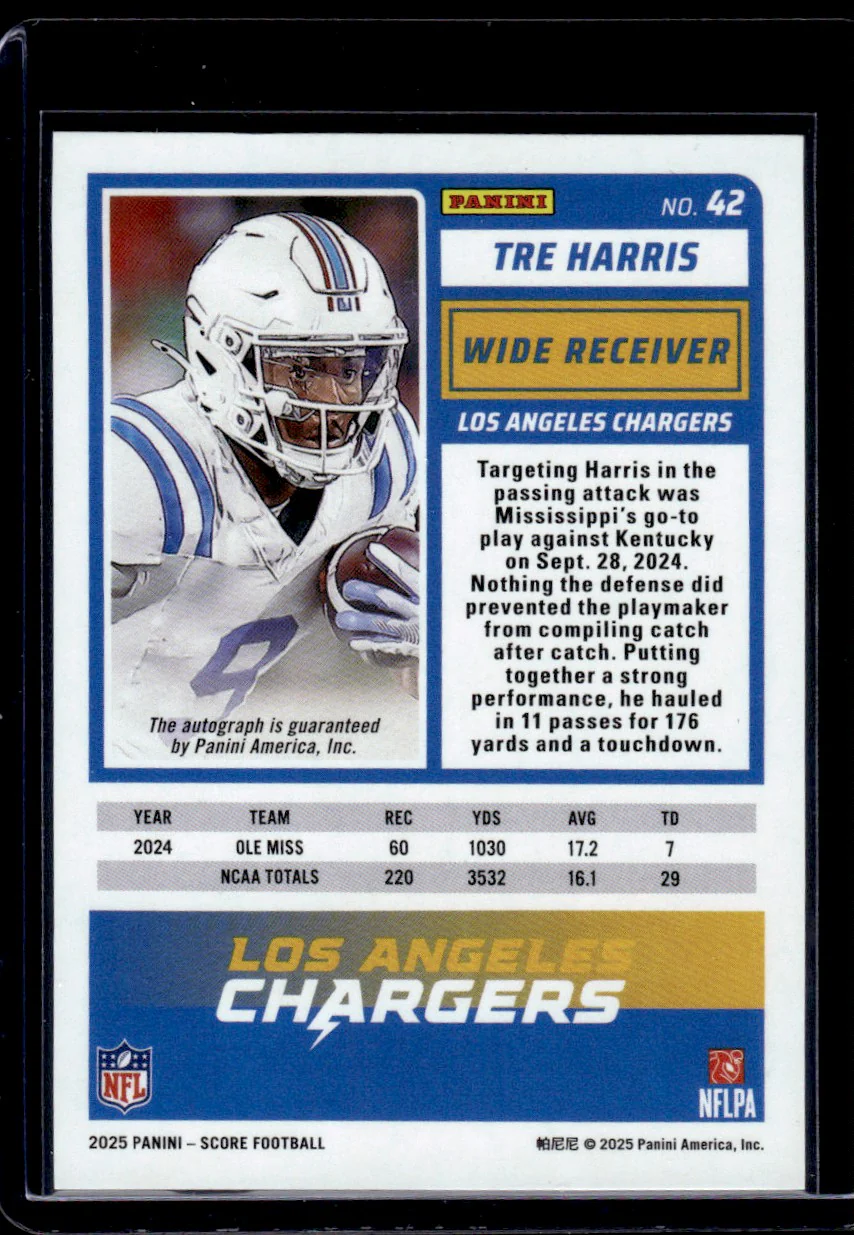 2025 Panini Score Gold Zone Tre Harris #42 RC Auto /50 - Image 2