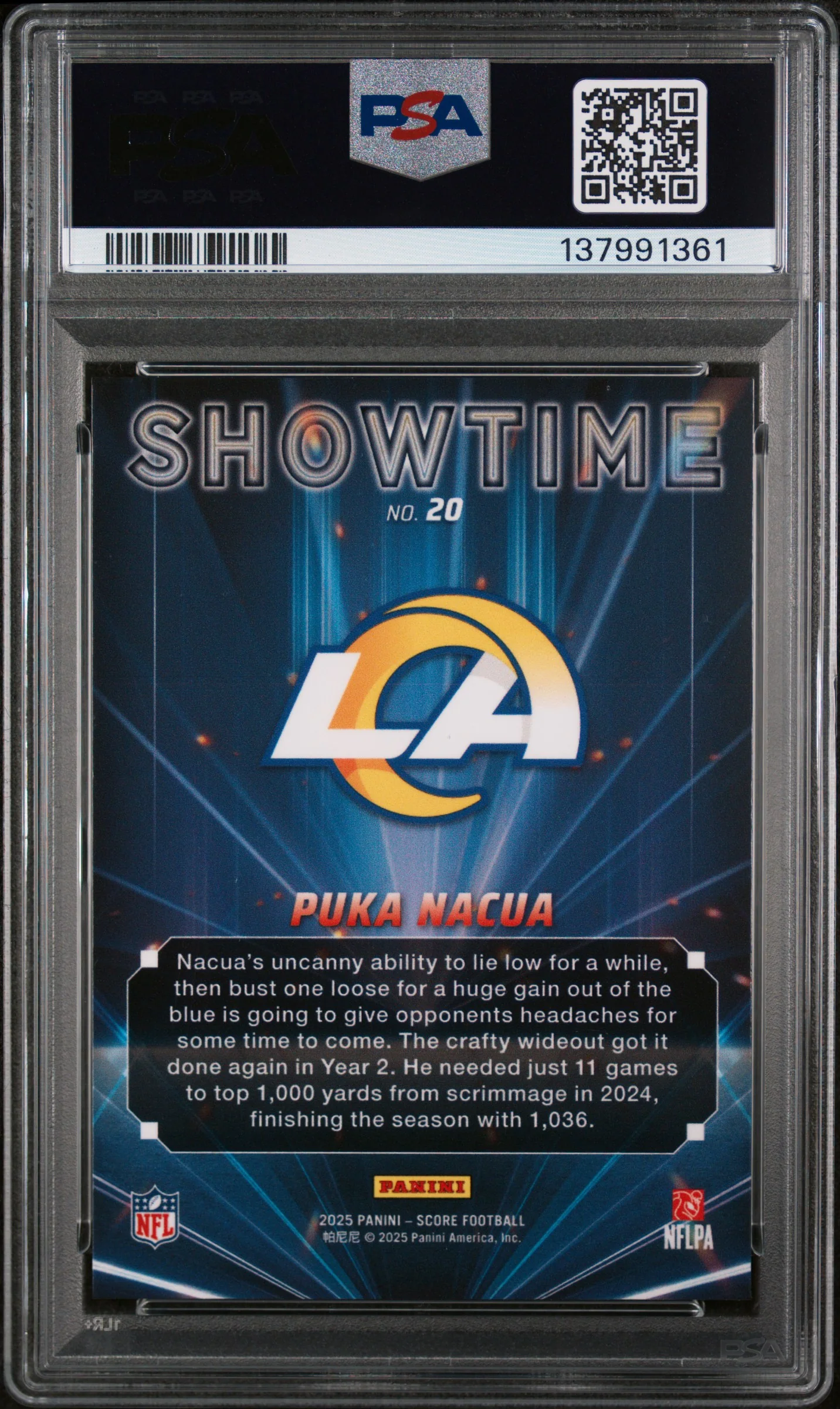 2025 Panini Score Showtime Puka Nacua #20 PSA 9 - Image 2