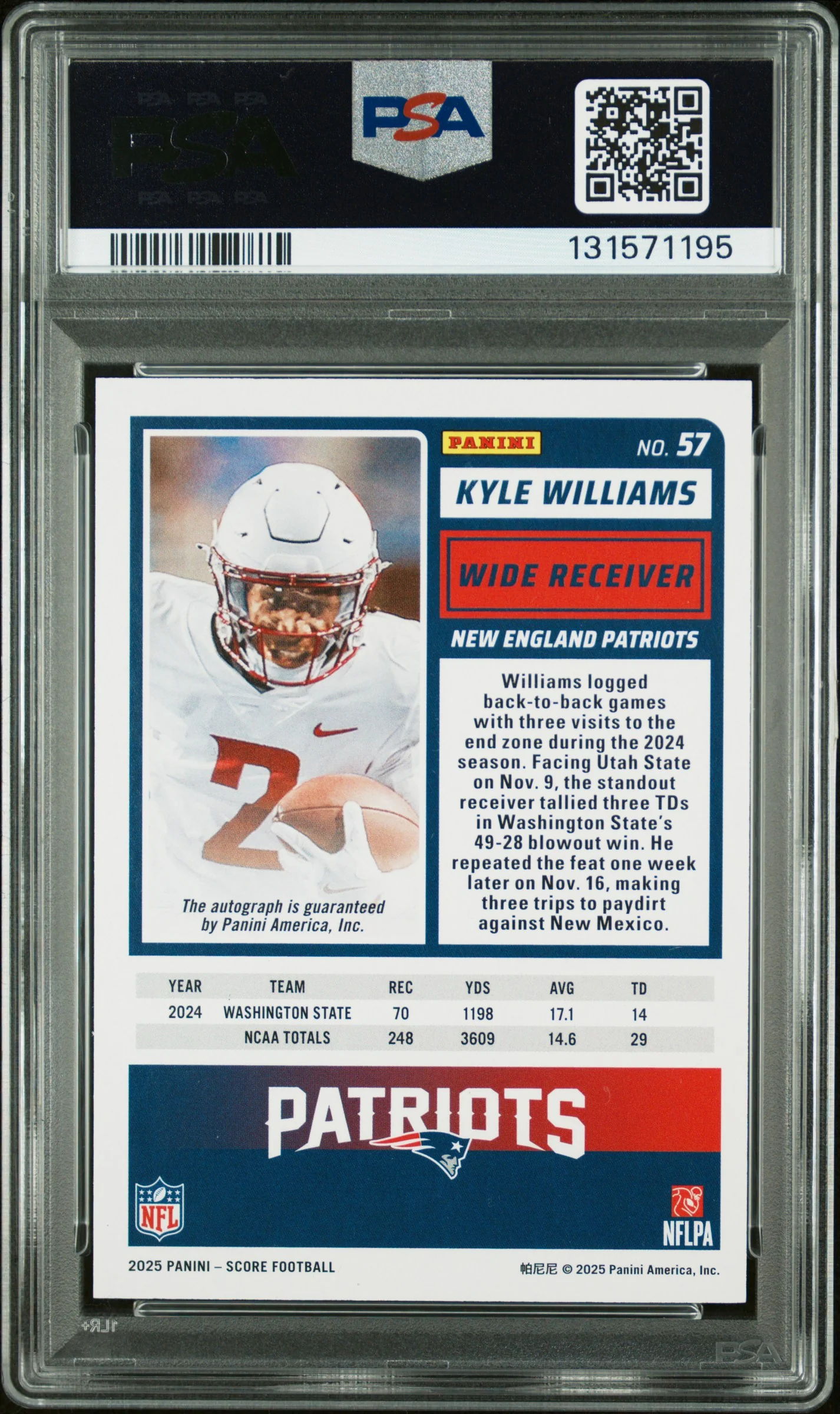 2025 Panini Score Signature Kyle Williams #57 PSA 9 - Image 2