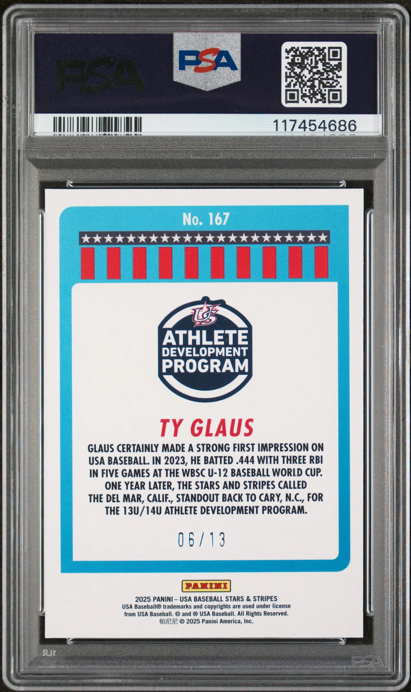 2025 Panini USA Baseball Stars & Stripes Blue Lightning Ty Glaus #167 /13 PSA 9 - Image 2